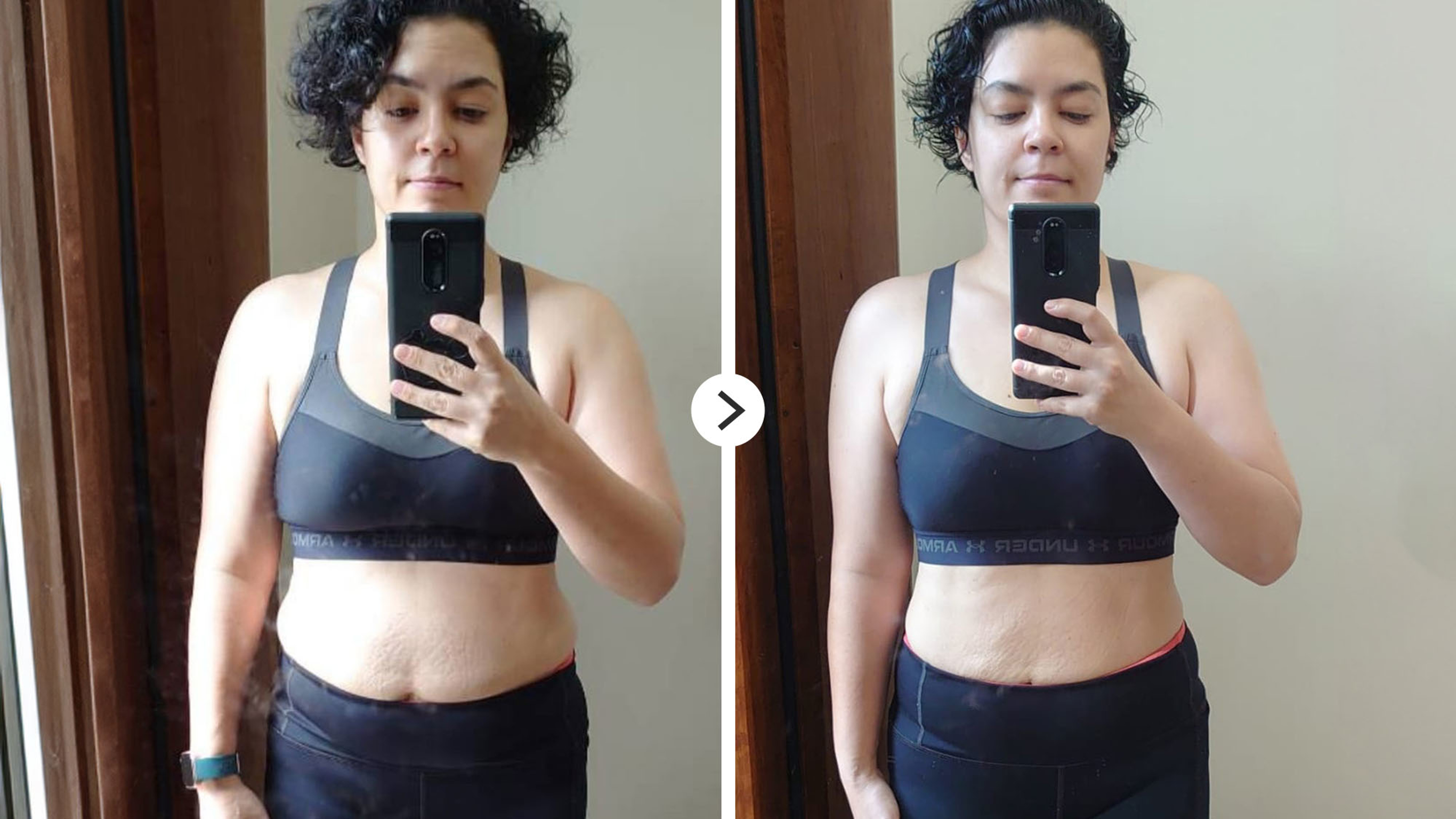 A before and after image showcasing the results of Centr legend Maya completing both Centr Ignite and 28 Days of Core.
