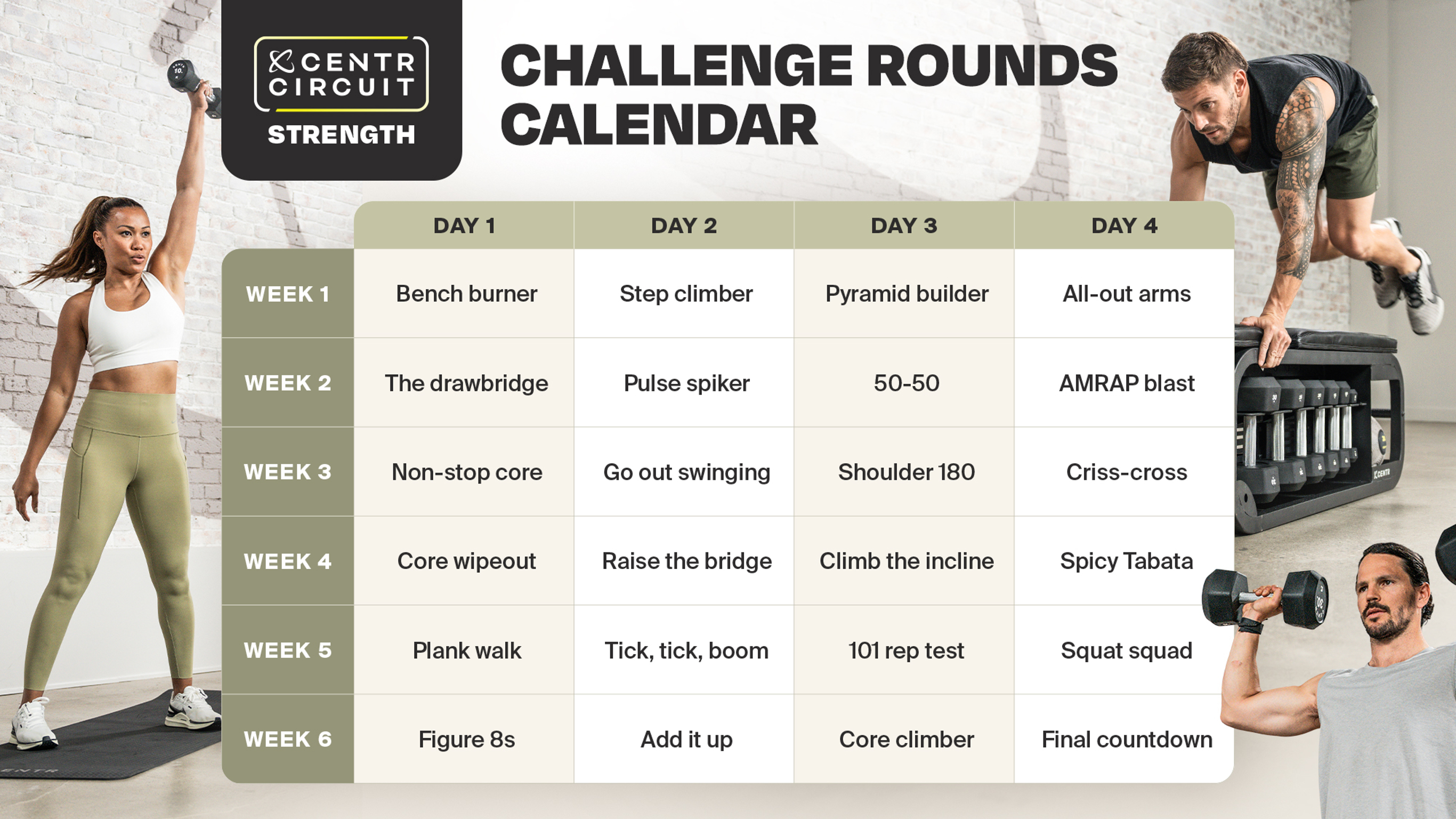 A calendar showing the names of all the challenge rounds in all the days of the program.
