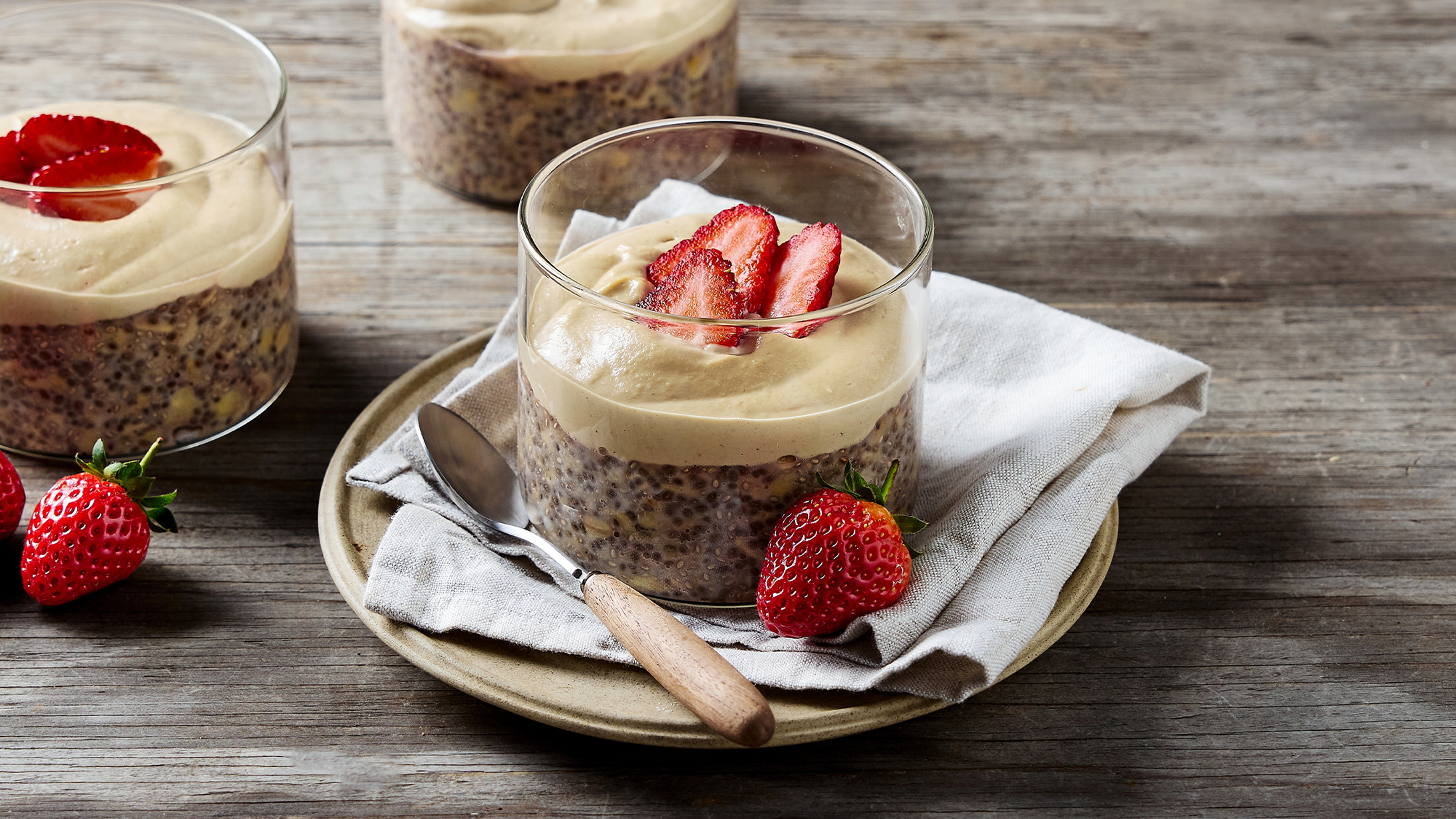 A serving of Chia-chai Pudding, from the Centr meal library, sits on a table.