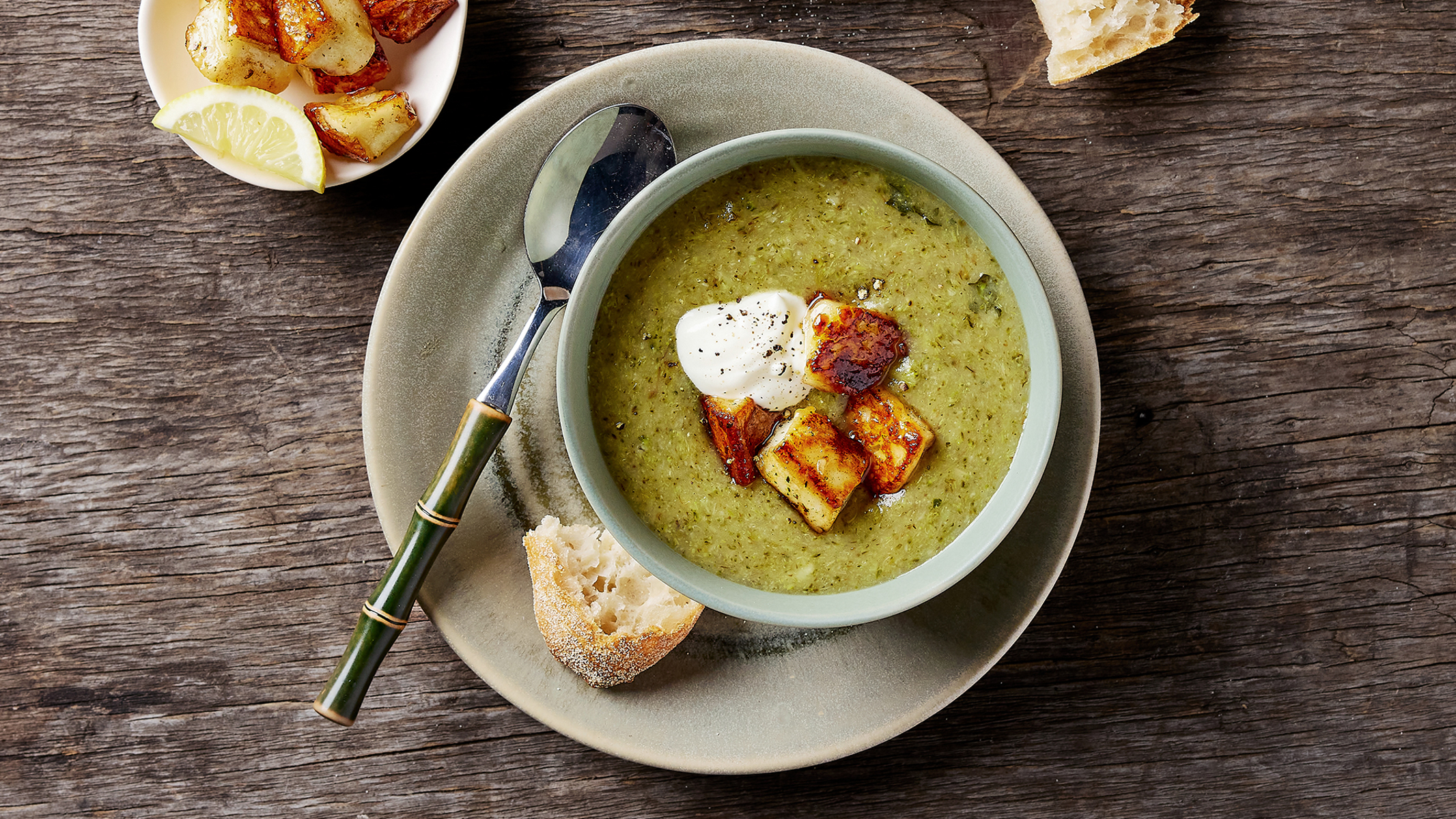 6-ingredient Broccoli Soup with Honey Halloumi Croutons