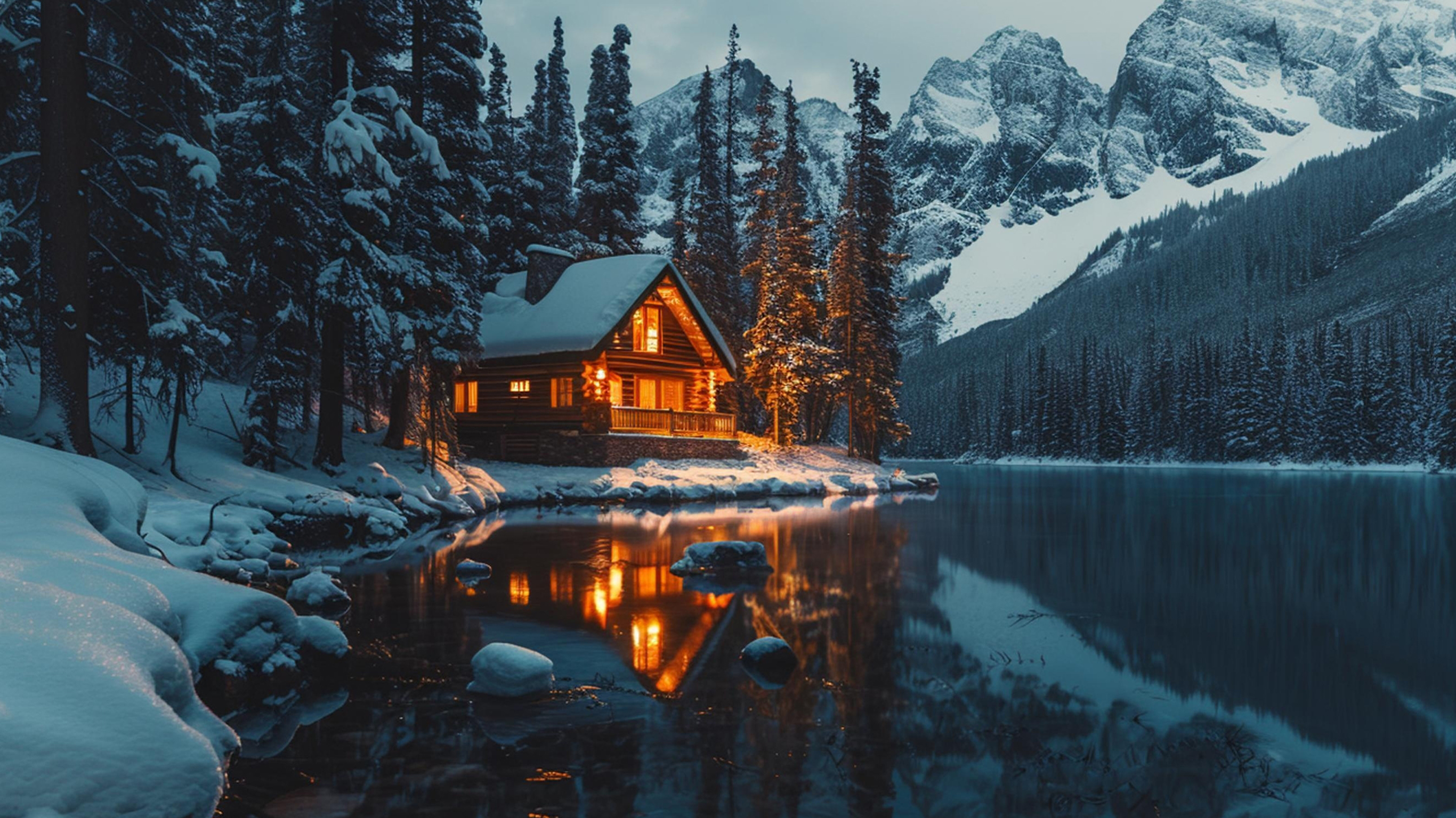 A cabin sitting in a wintery landscape.