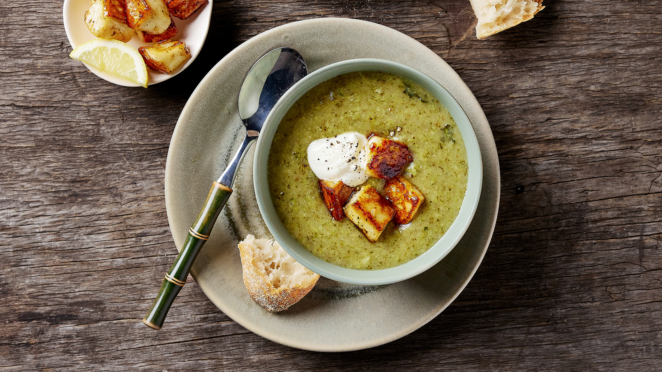 1. Broccoli Soup with Honey Haloumi Croutons