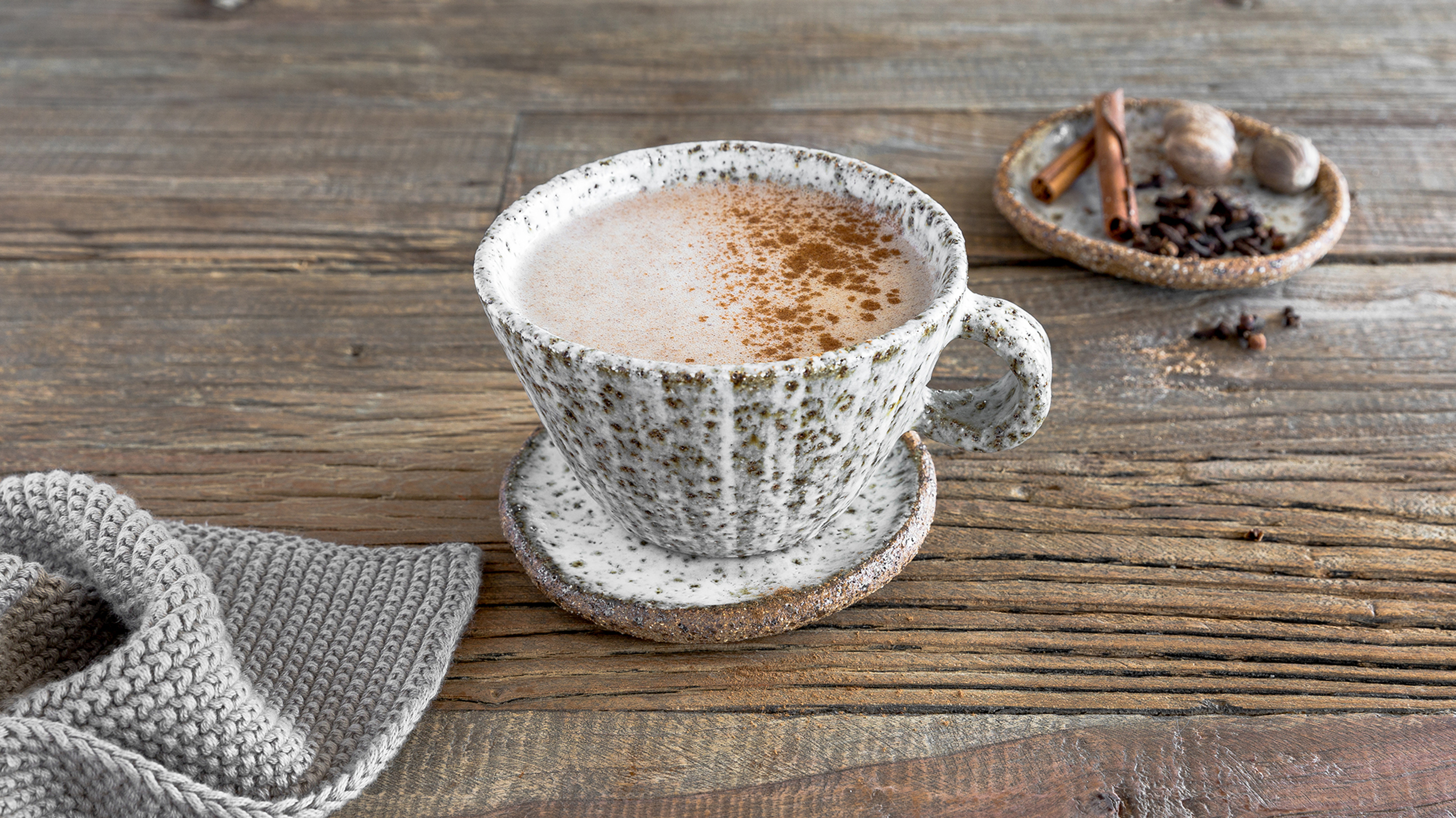 A rustic cup of Dan’s Gingerbread Latte sits on a matching saucer, ready for drinking.
