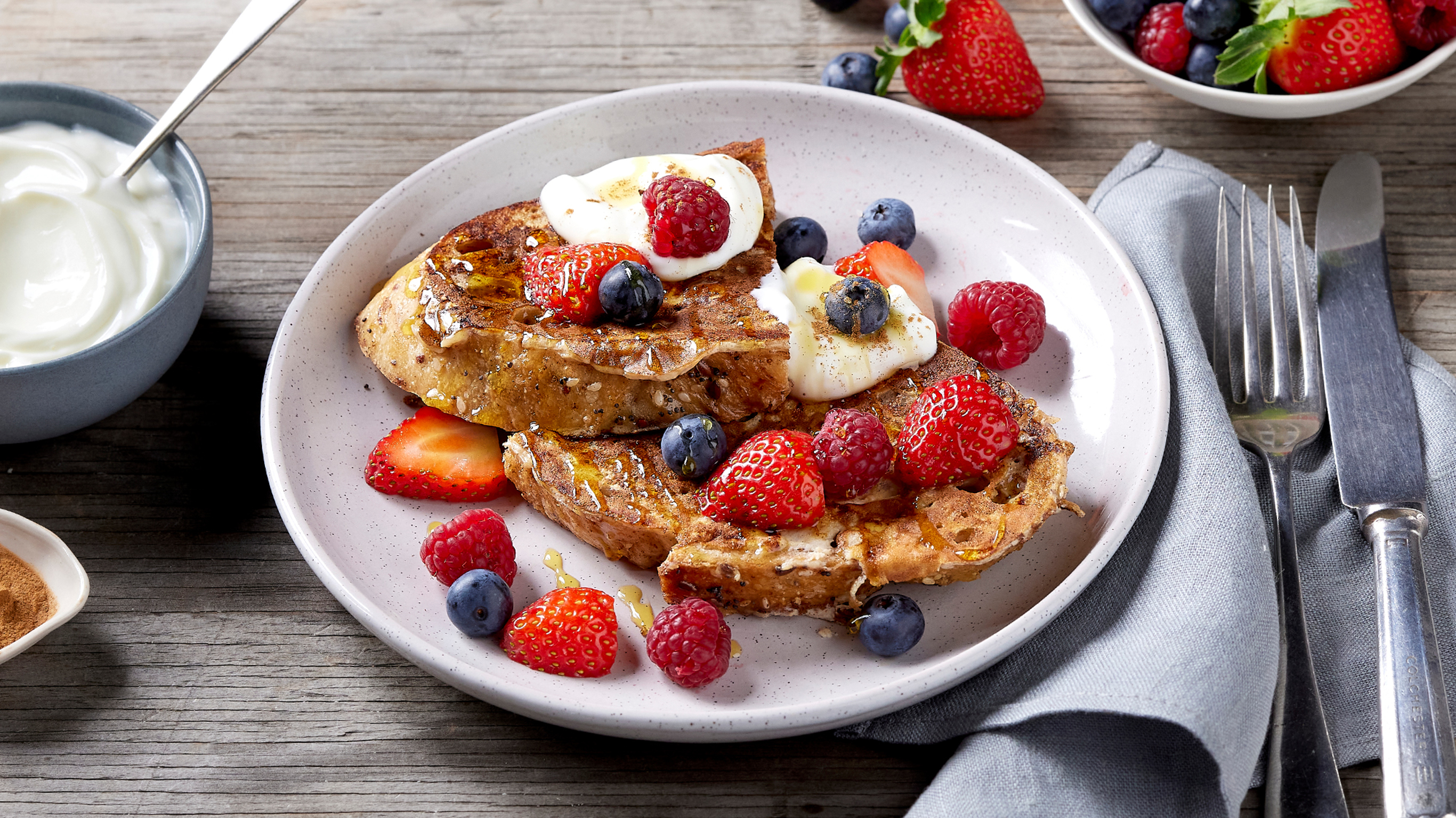A plate of Centr's High-protein French Toast is ready for eating.