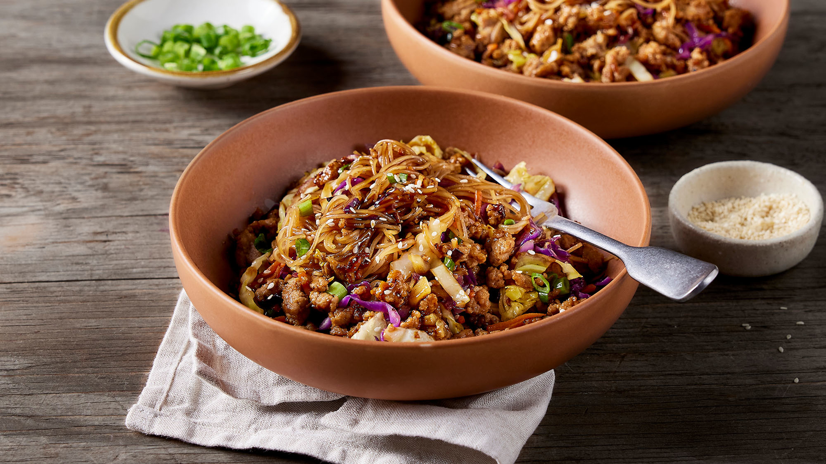 A bowl of Centr's Low-carb ‘Spring Roll in a Bowl’ is ready for eating.