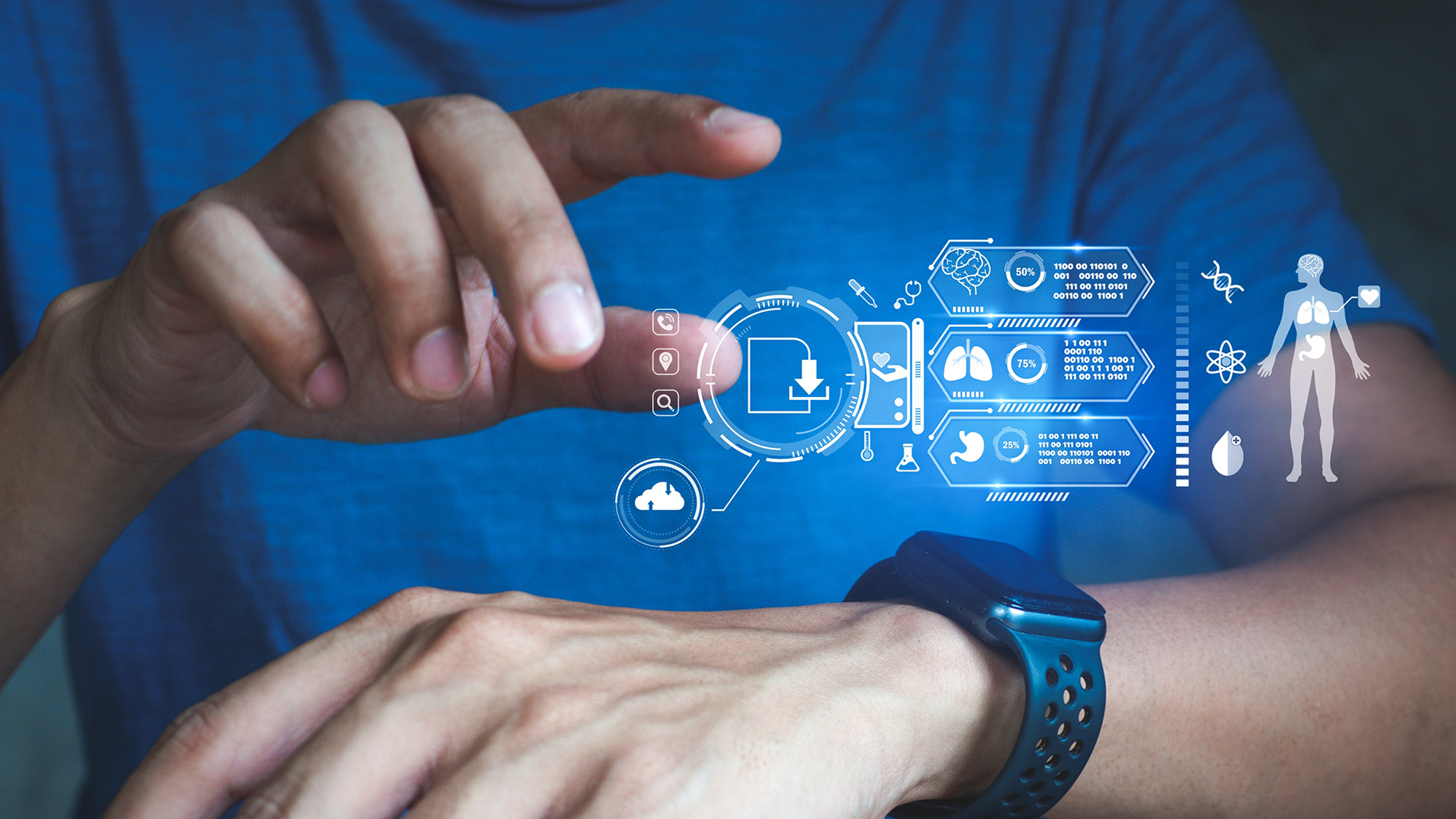 An image of a man's forearms, about to tap his smartwatch, with a display of futuristic data above the watch.