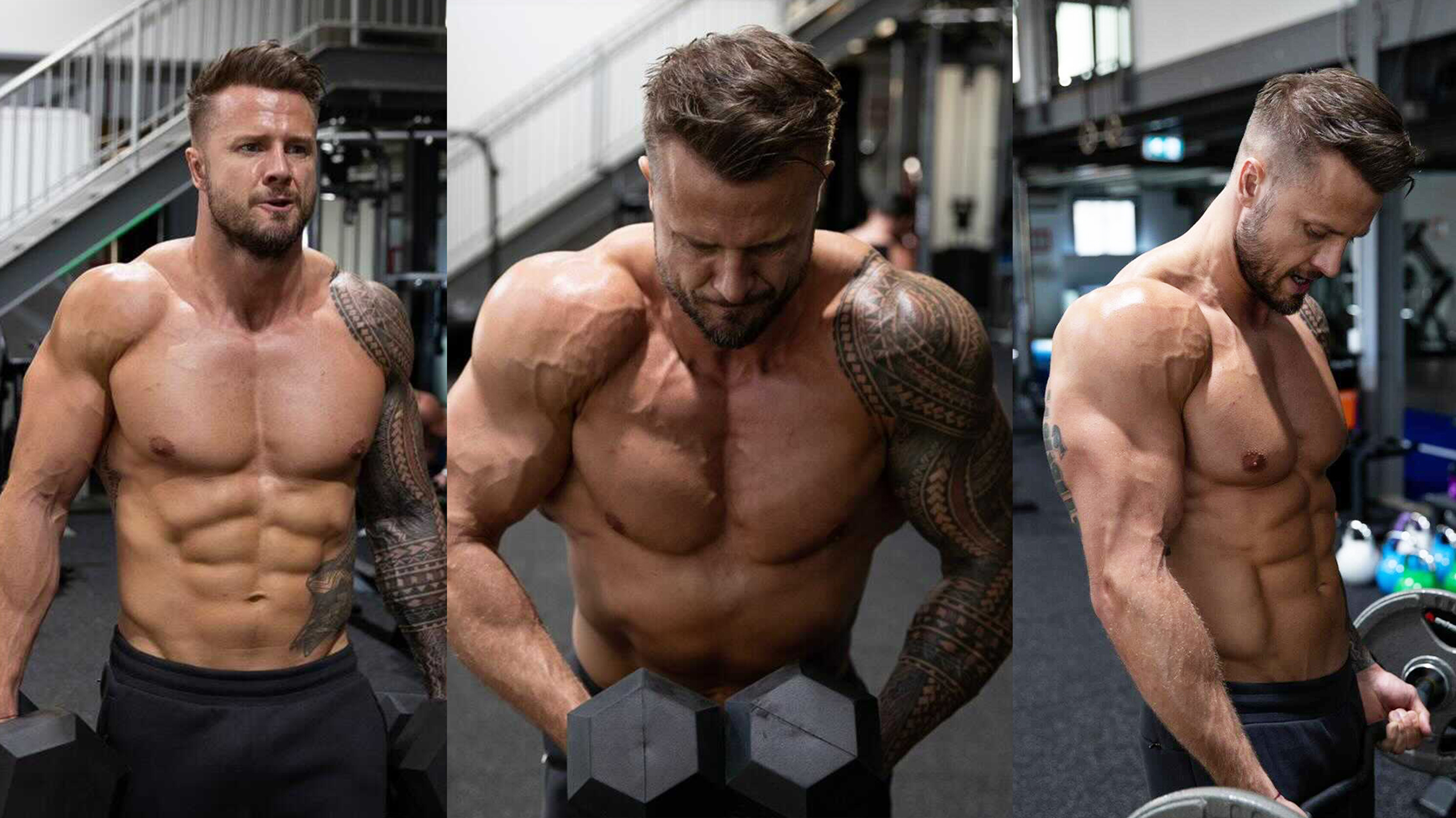 A triptych image of a shirtless, muscular man lifting weights.