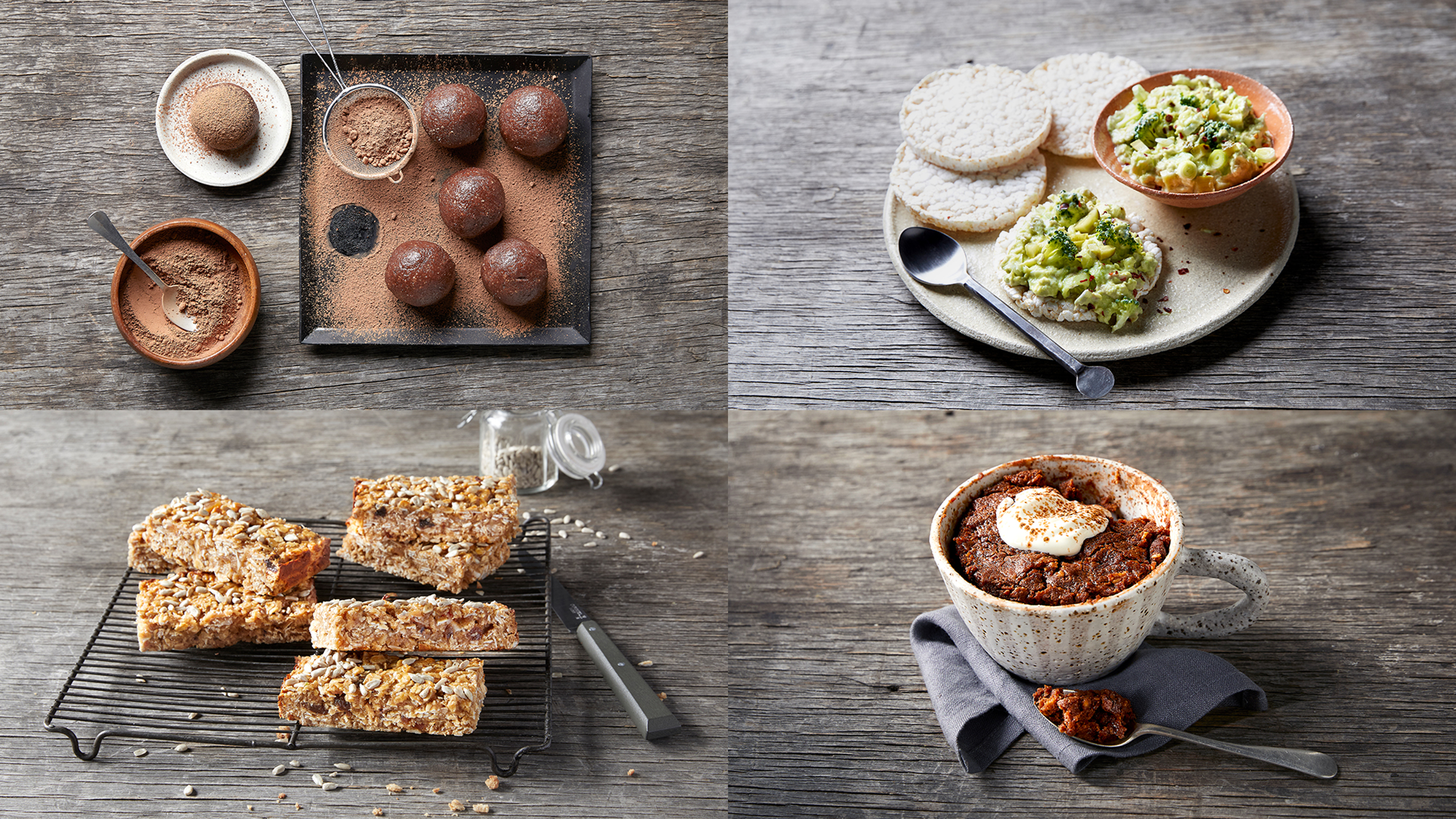 Recipes from the Centr meal plan: protein balls, rice cakes with avocado, muesli bars and mug cake.