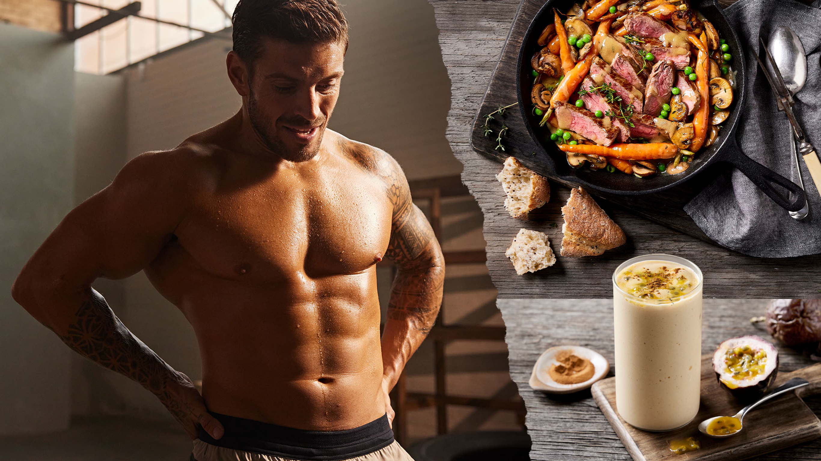 A tryptych of Centr trainer Luke Zocchi barechested, and two meals from the Centr menu