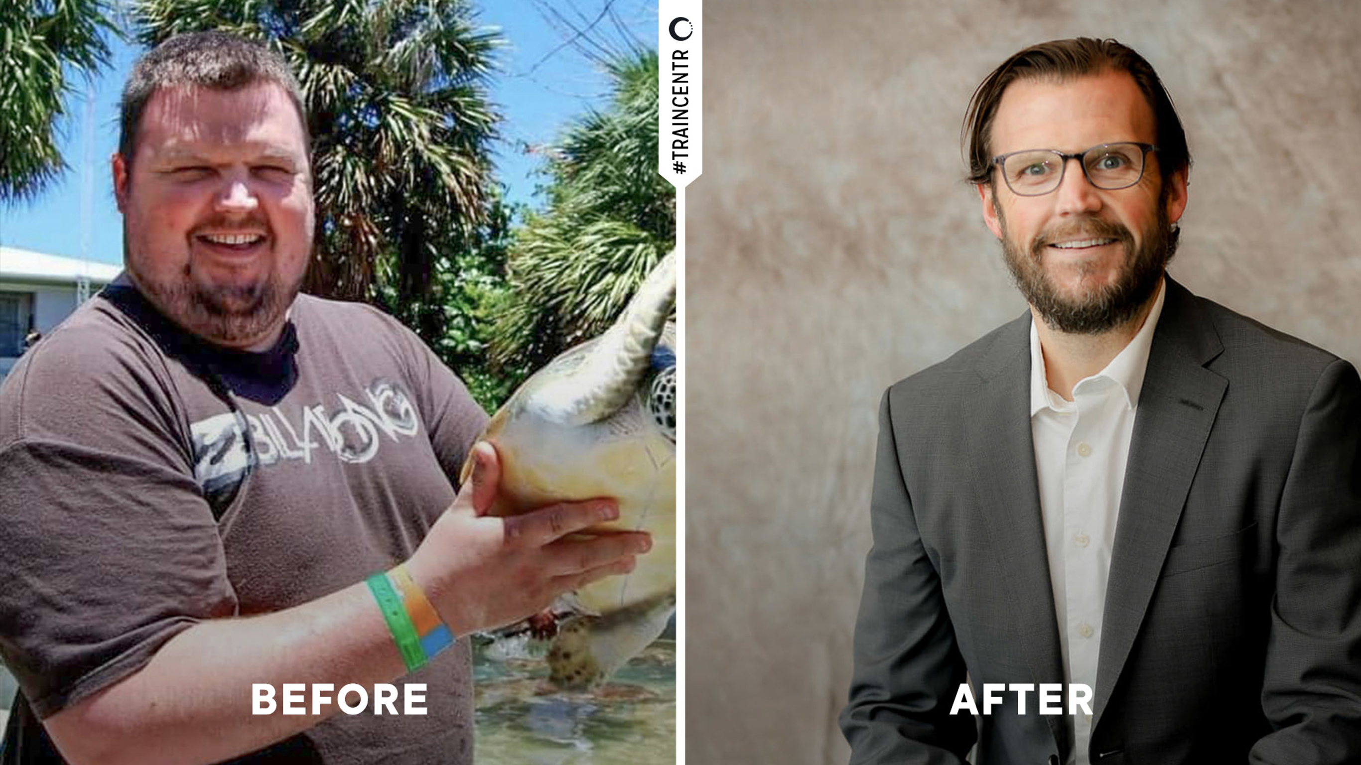 Two images of  Centr subscriber Eric Hall, showing his physical transformation from using the Centr app.