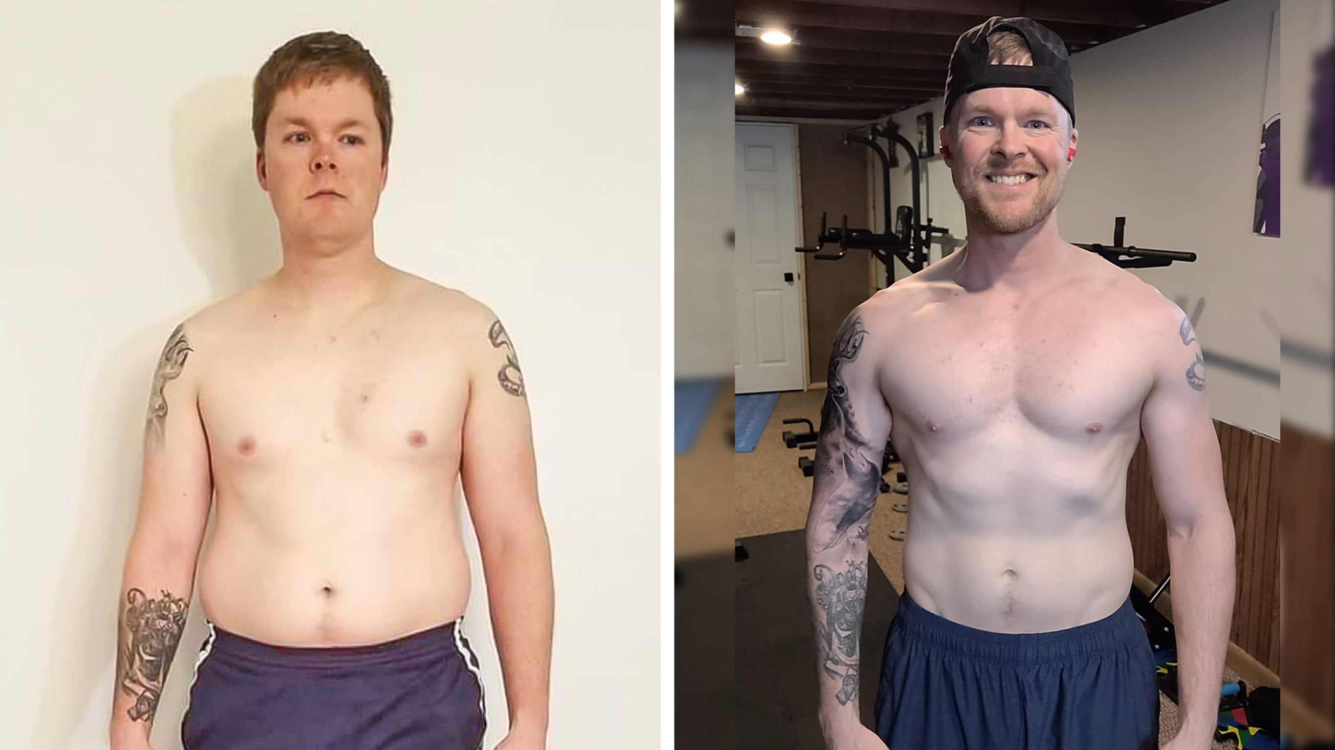 Before and after shots of Centr subscriber Mark, illustrating his journey using the fitness app and Centr Power program.