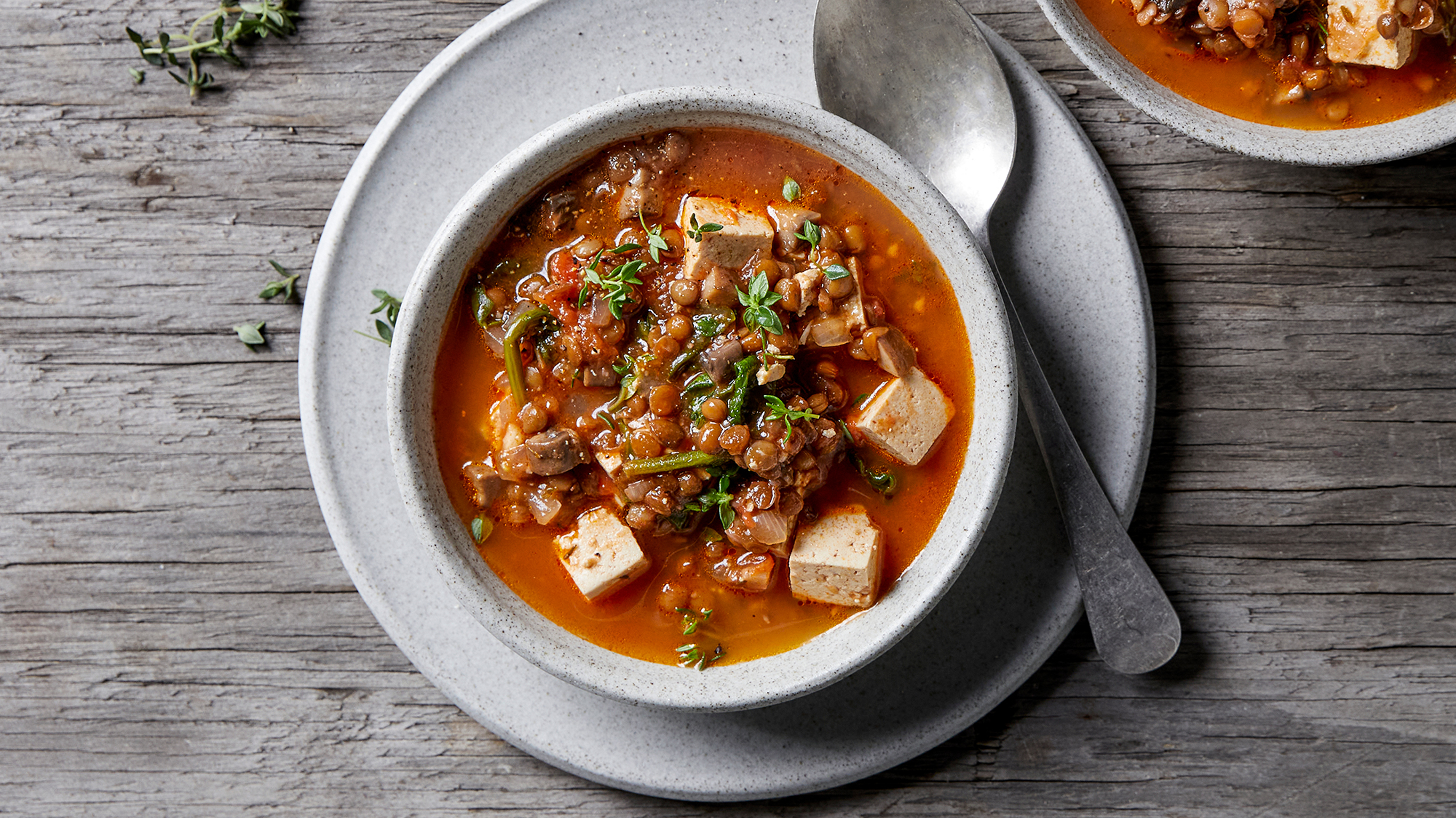 A bowl of Lentil & Mushroom Soup with Tofu from the Centr menu is ready to eat.