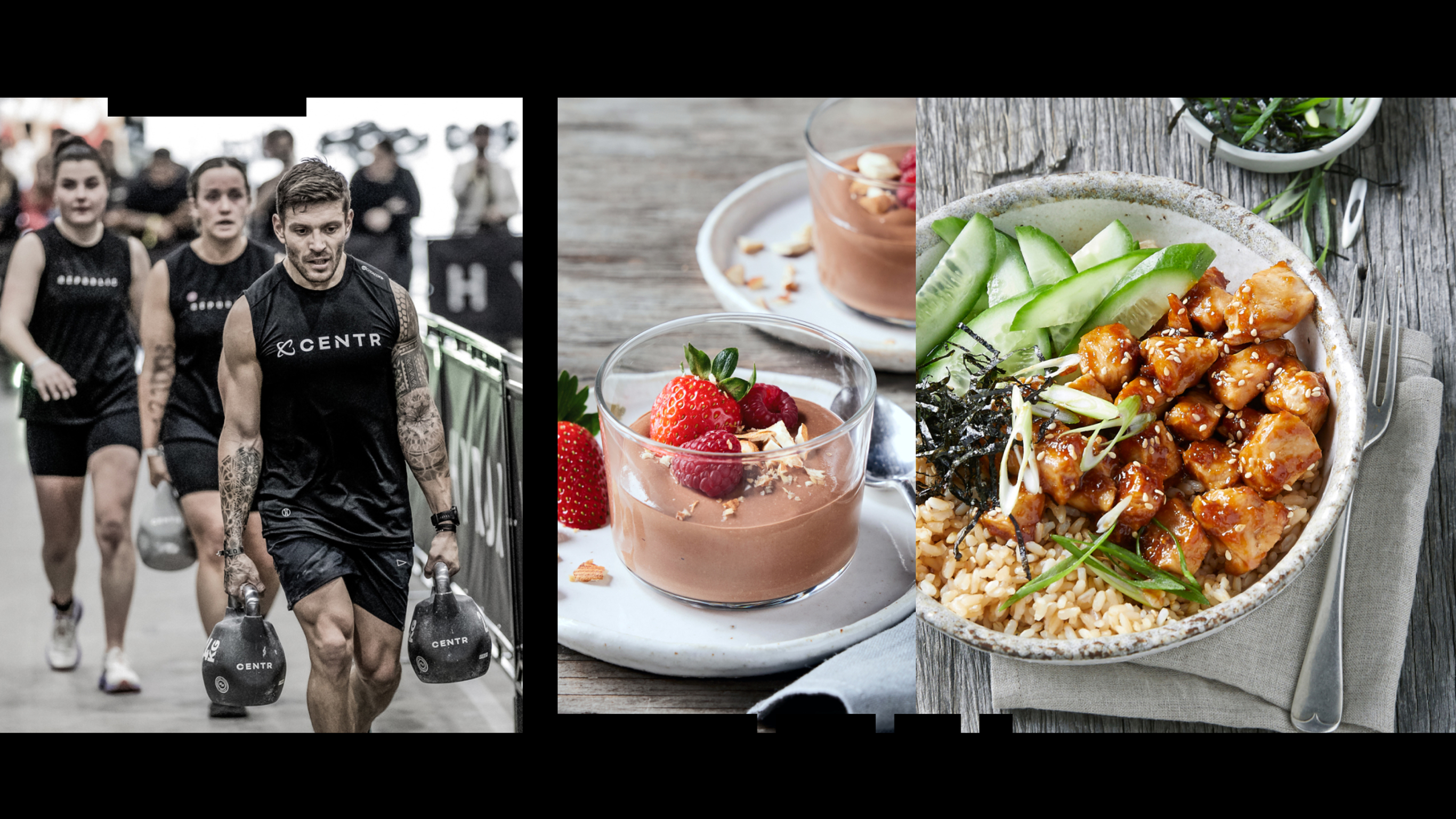 A composite image showing Centr trainer Luke Zocchi competing in a HYROX race, and some of the food that fuels his performance.