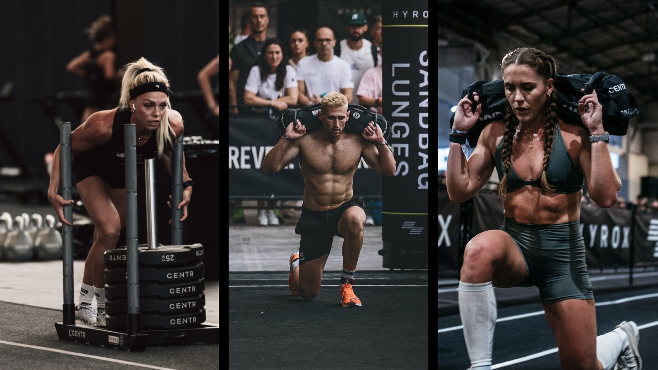 A triptych of Hyrox professionals Meg Jacoby, Jake Williamson, Lucy Davis competing at Hyrox.