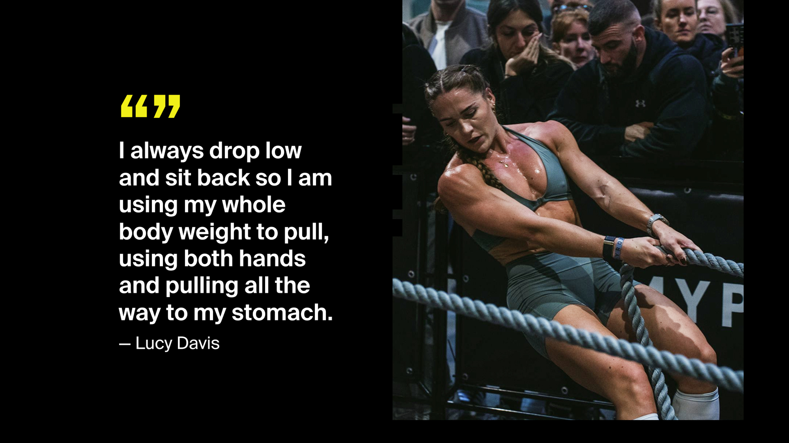 Hyrox pro athlete Lucy Davis performs the sled pull during a Hyrox competition.