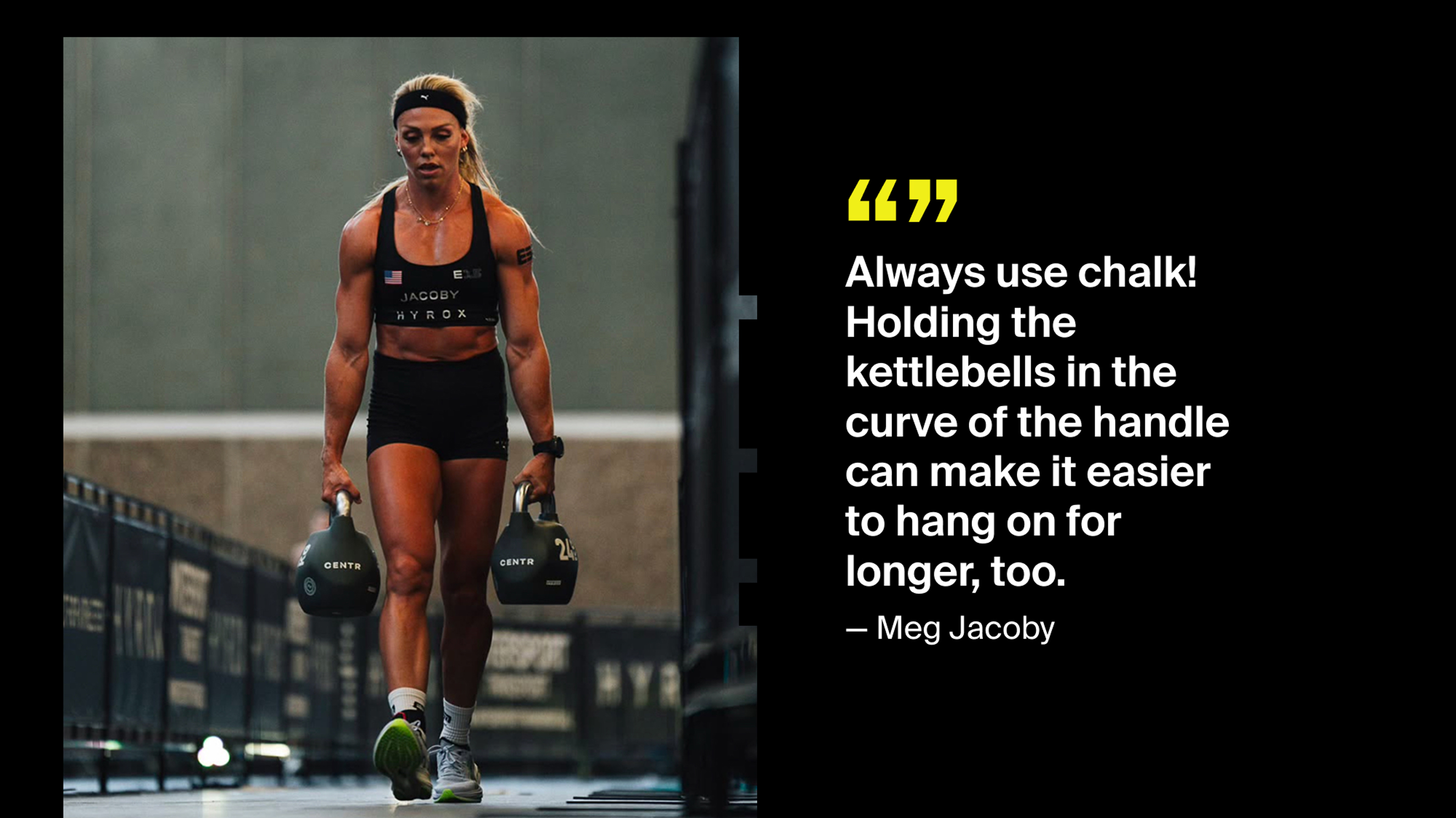 Hyrox pro athlete Meg Jacoby performs the farmers' carry during a Hyrox competition.