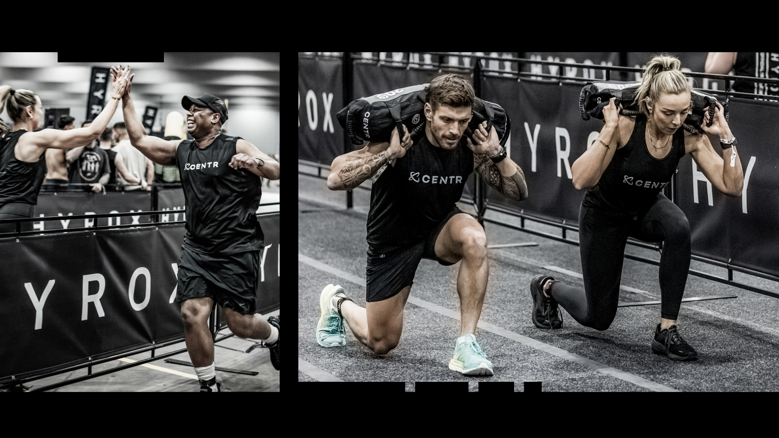 Montage image of Centr Hyrox team members competing at a Hyrox event.
