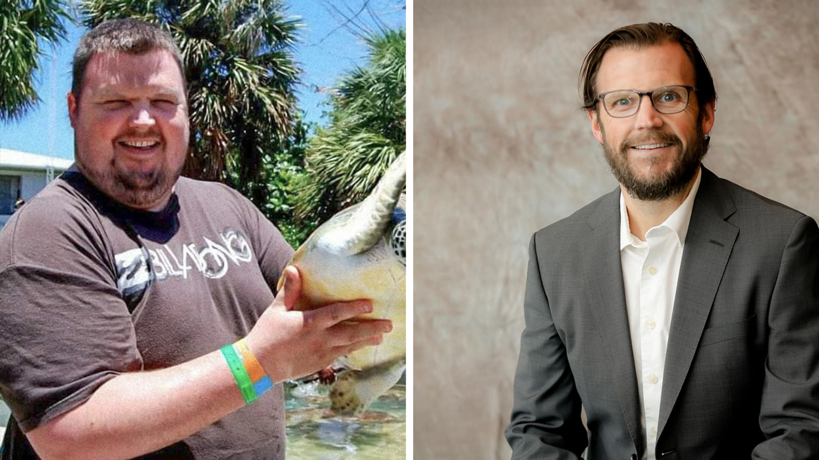 Before and after images of Centr app user Eric Hall's transformation.