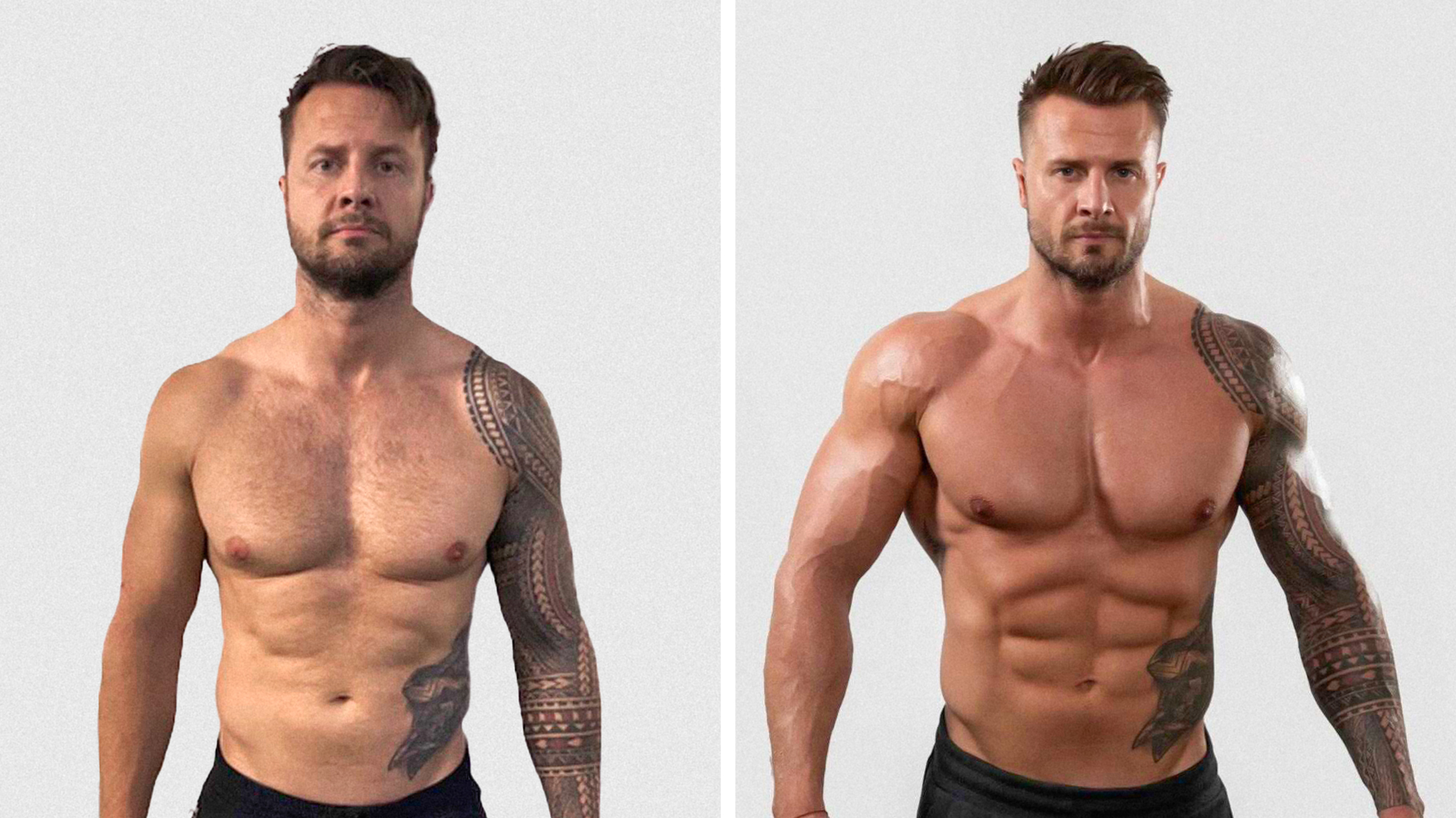 A before and after shot of Bobby Holland Hanton, muscling up with weight lifting.
