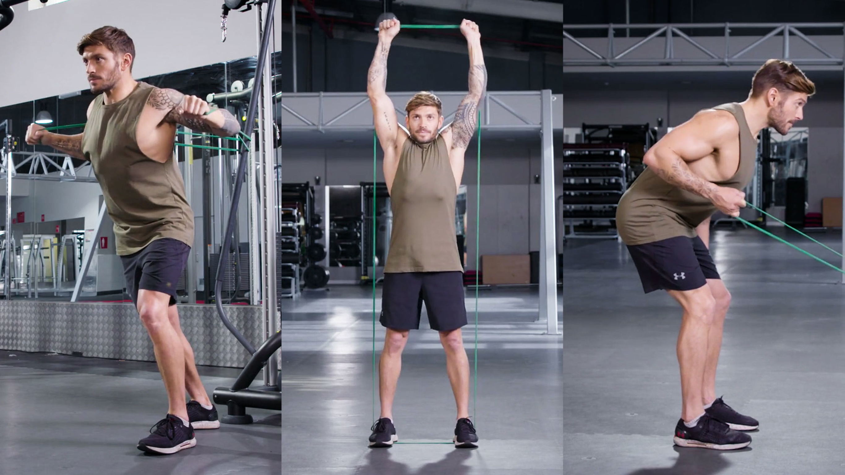 Centr trainer Luke Zocchi performs resistance band arm exercises.
