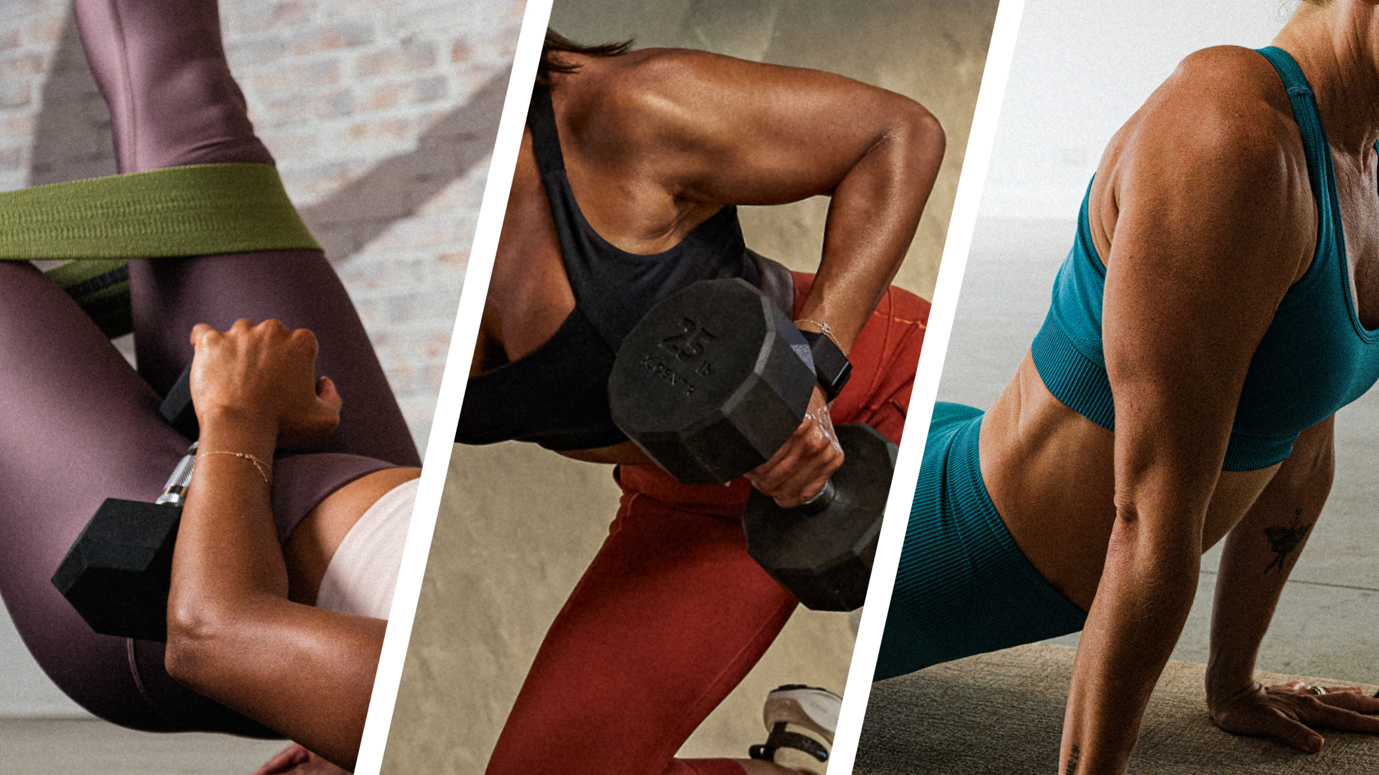 A triptych of close-ups of women working out in the gym