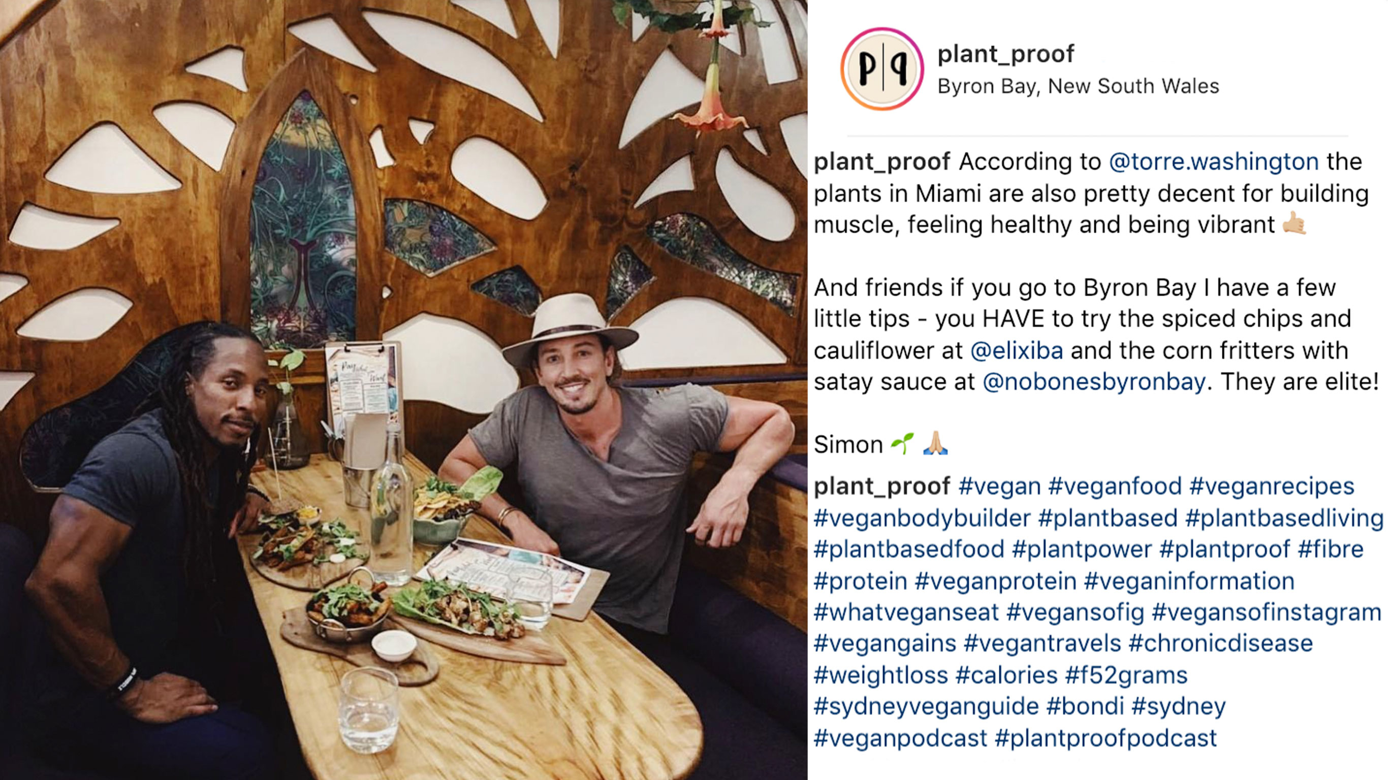 An Instagram post showing SImon Hill and Torre Washington eating at Elixiba in Byron Bay.