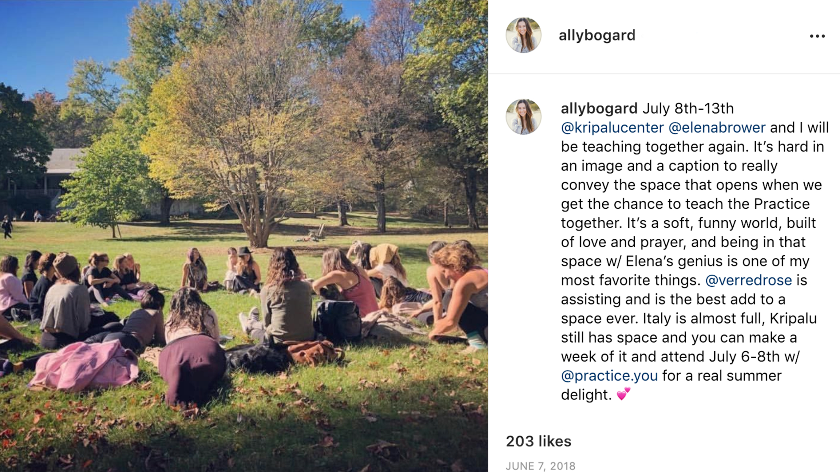 An Instagram post that shows a group of people sitting in a park in the sun.