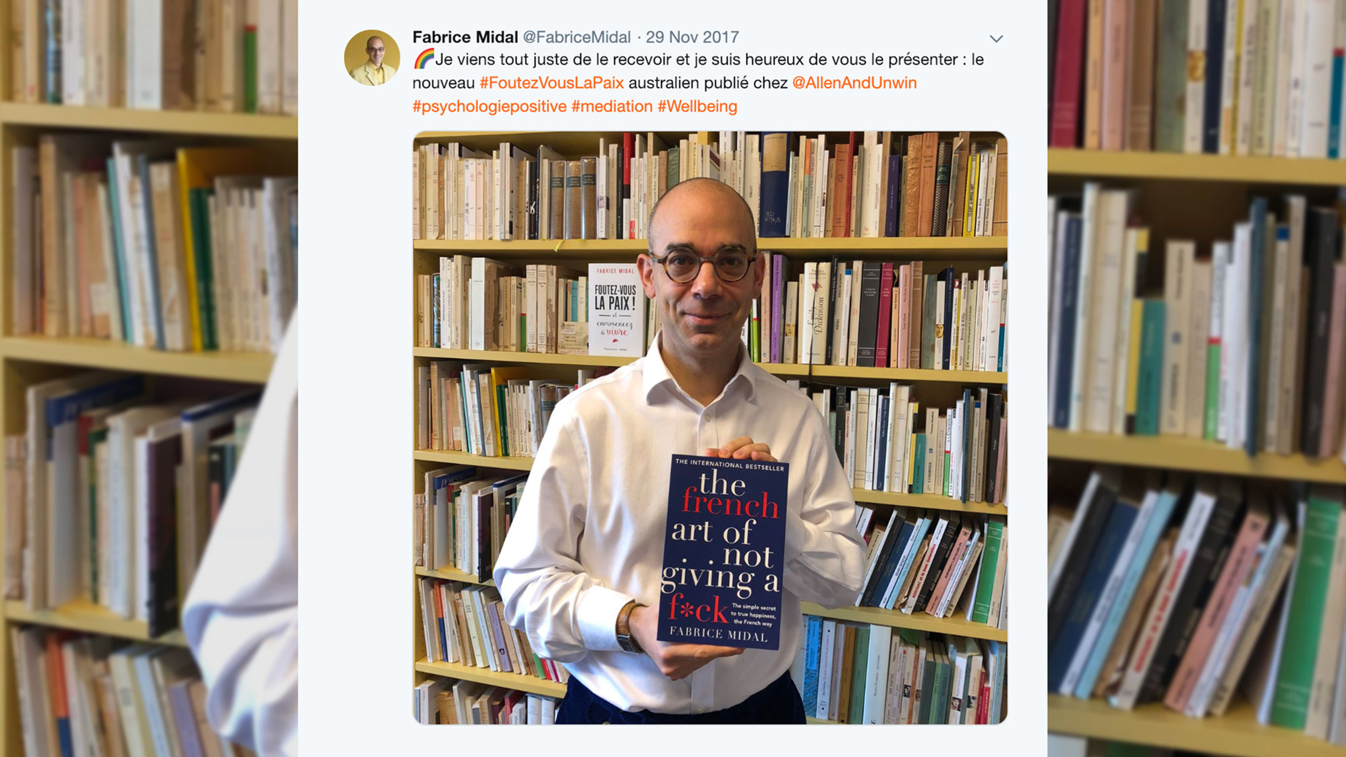 A Twitter post of Fabrice Midal posing with his book