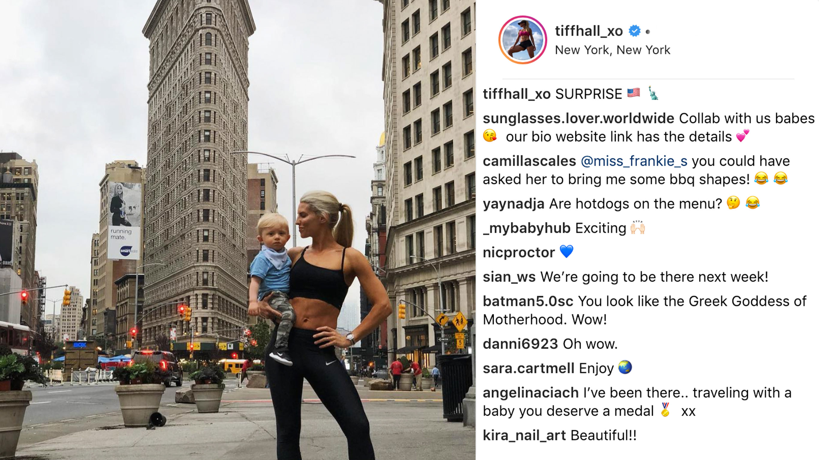 An Instagram post that shows Tiffiny Hall and her young child in New York City.