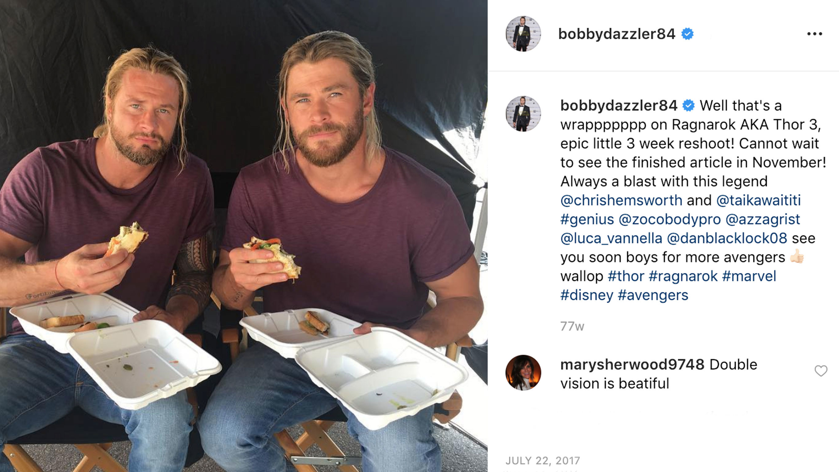 An Instagram post that shows Chris Hemsworth and his stuntman eating lunch.