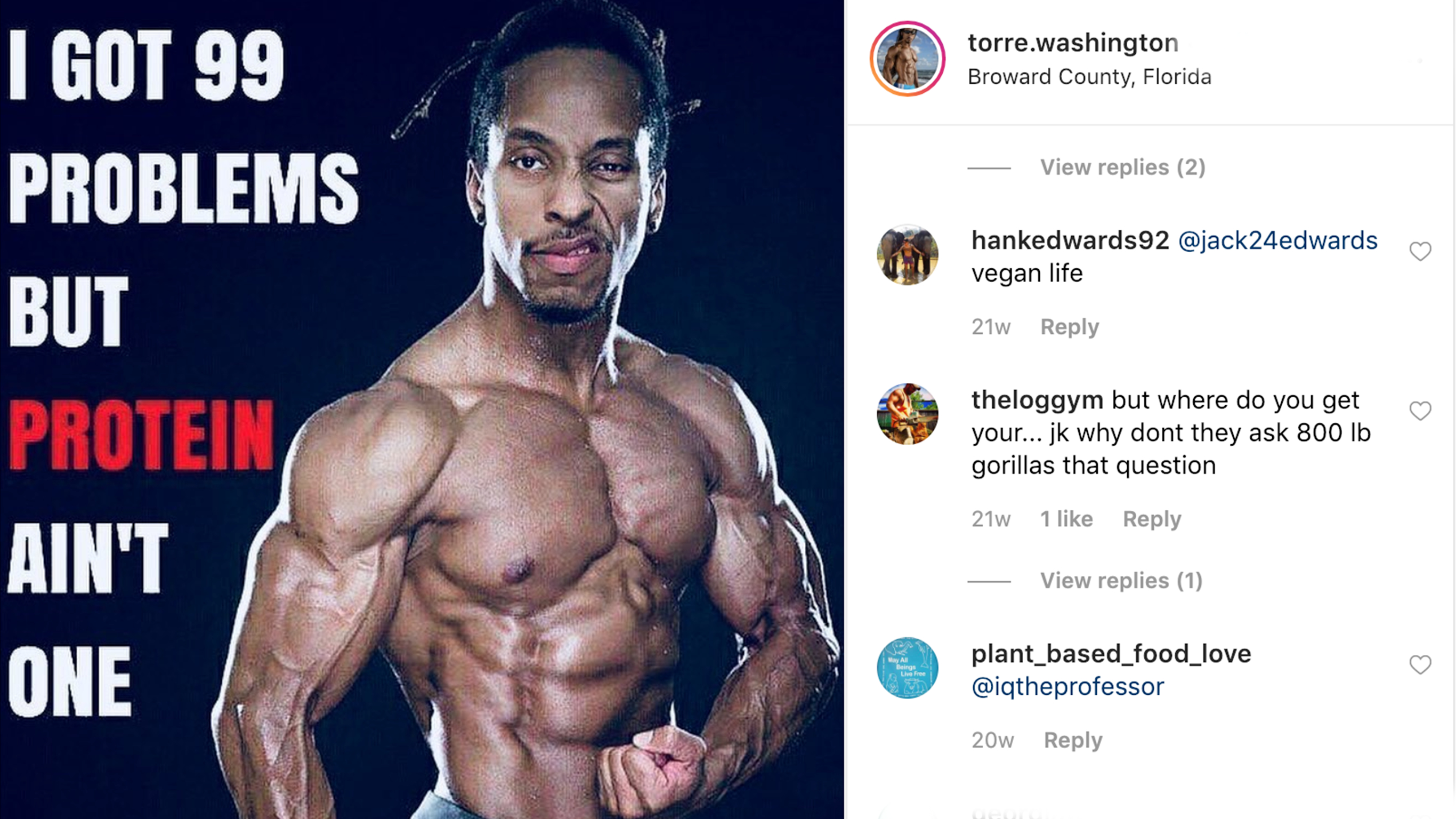 An Instagram post of a bodybuilder with text that says