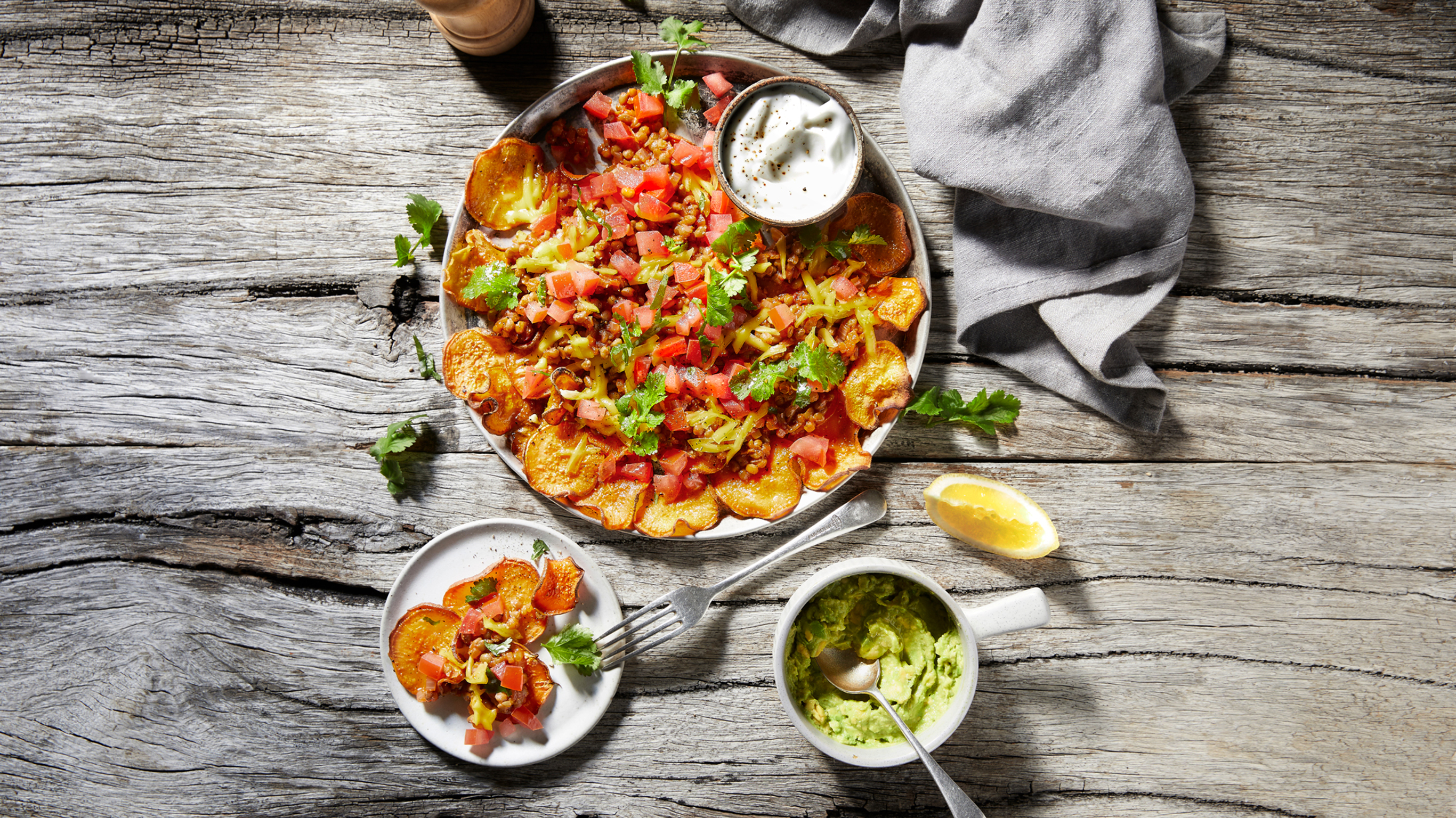 Sweet Potato Nachos with Lentil Chilli from the Centr vegetarian meal plan.