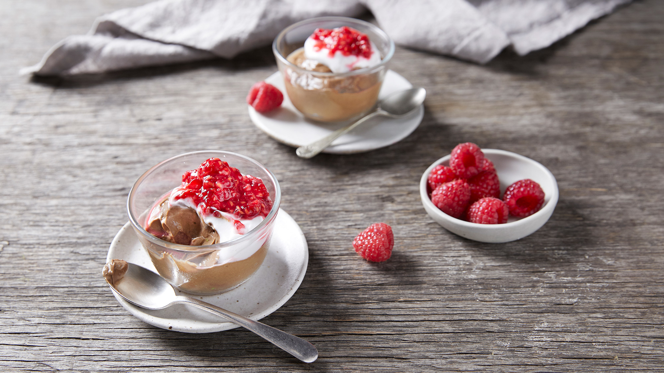 Chocolate Avocado Puddings with Raspberries