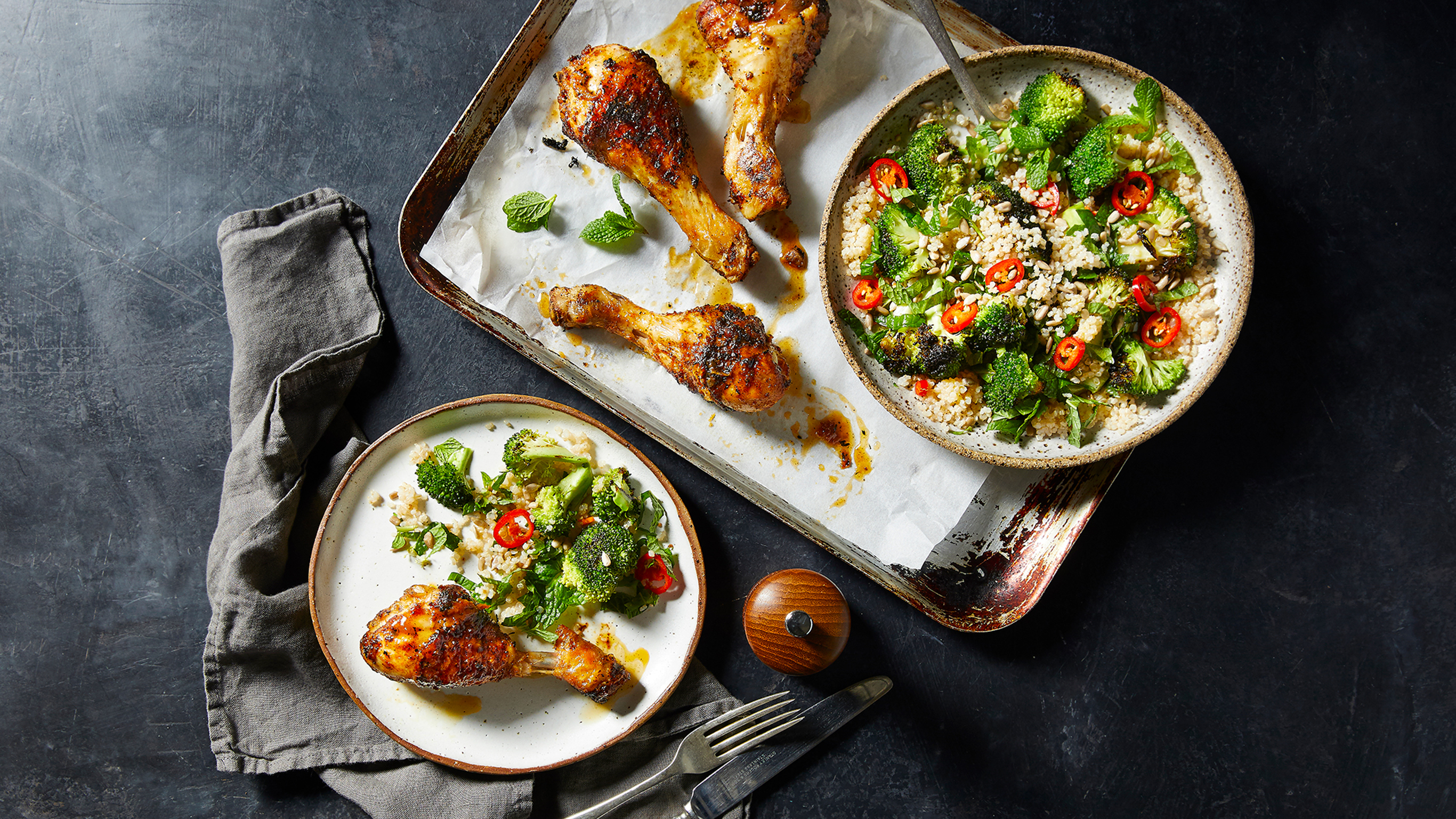 Barbecued chicken with grilled broccoli & lemon salad from the Centr meal plan.