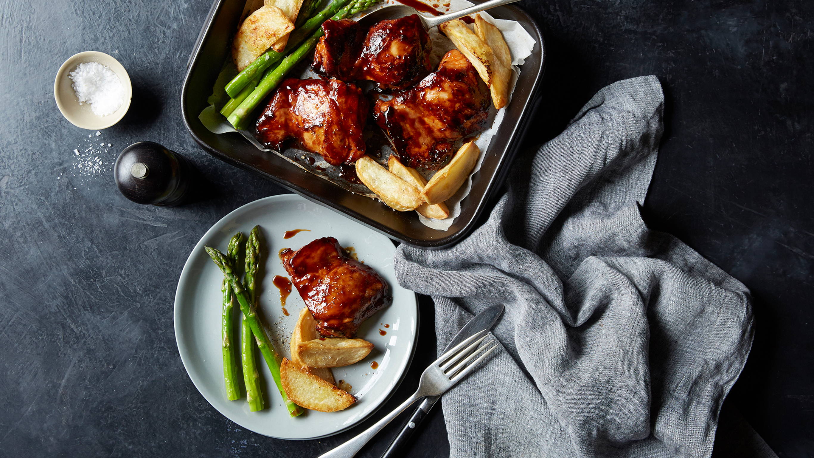 Honey-glazed chicken with potato wedges from the Centr meal plan.