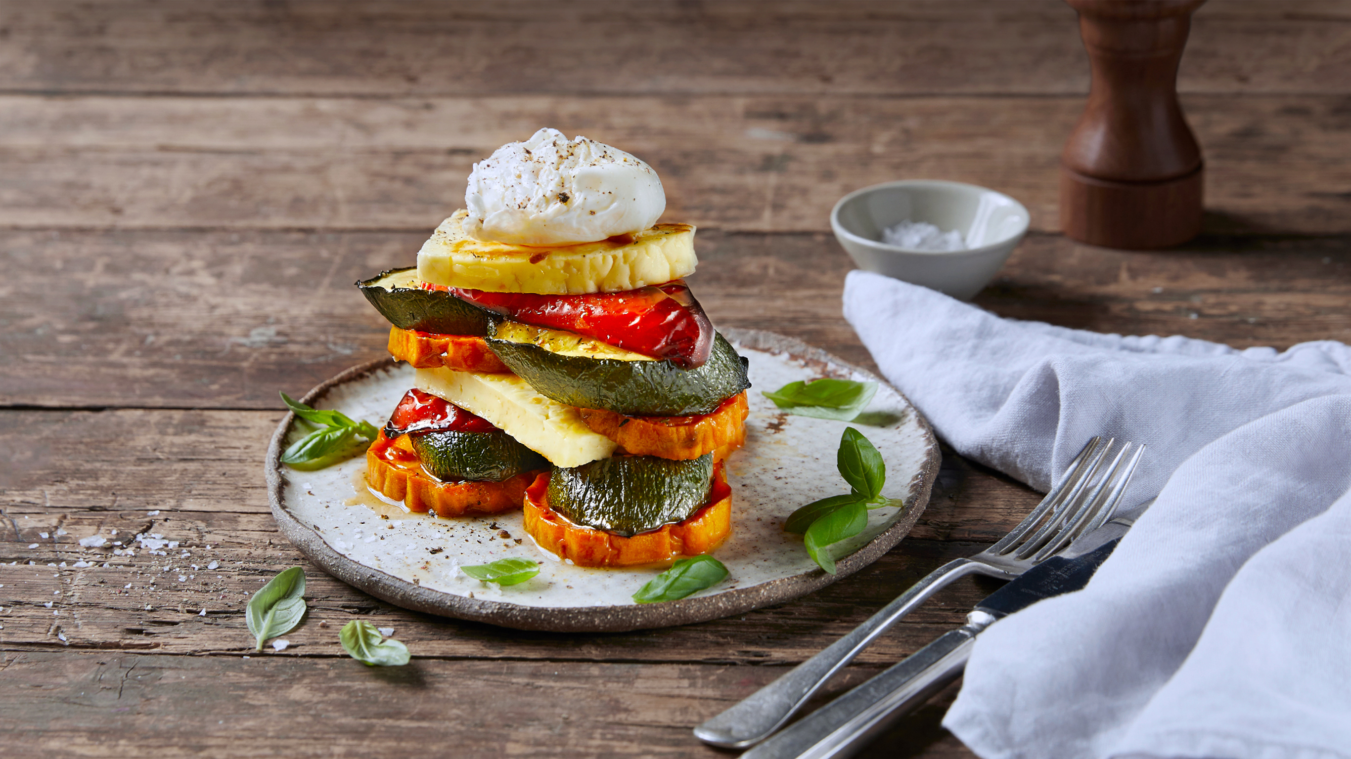 Roasted Veggie Stack with Haloumi & Eggs