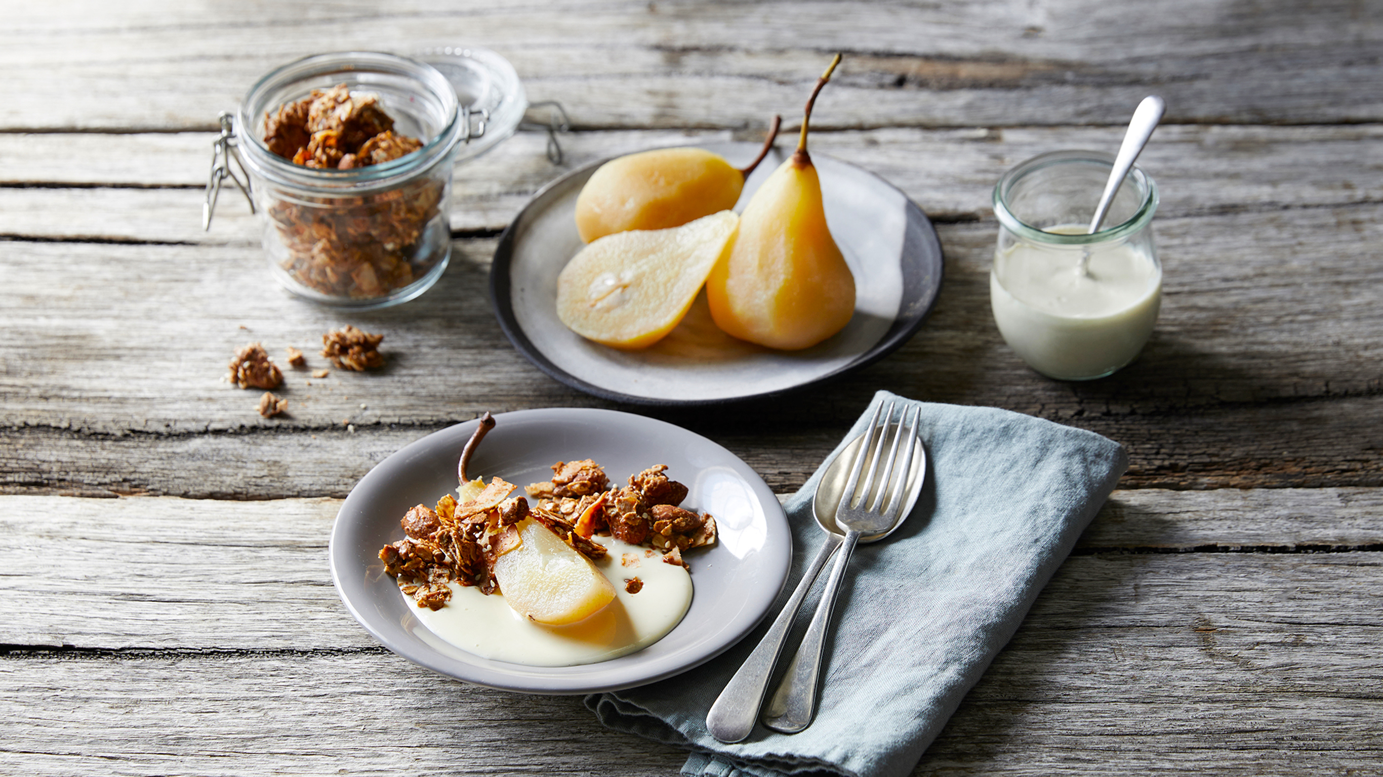 Tahini Granola with Stewed Pears
