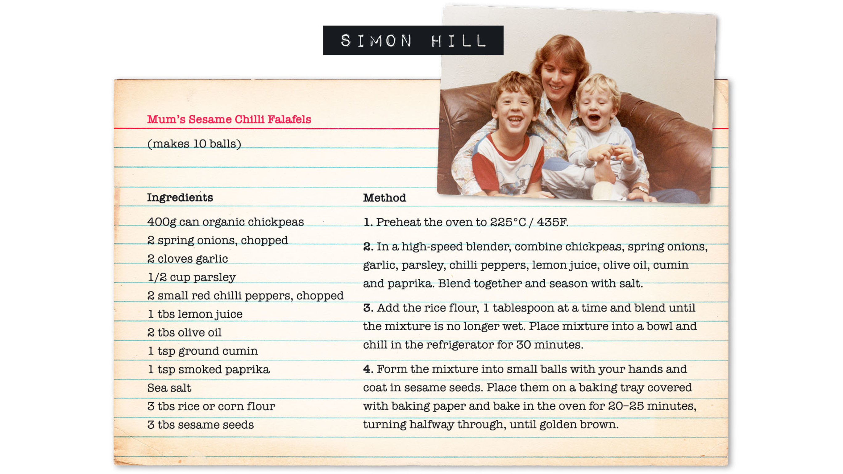 Recipe for Simon's Mum's Sesame Chilli Falafels.