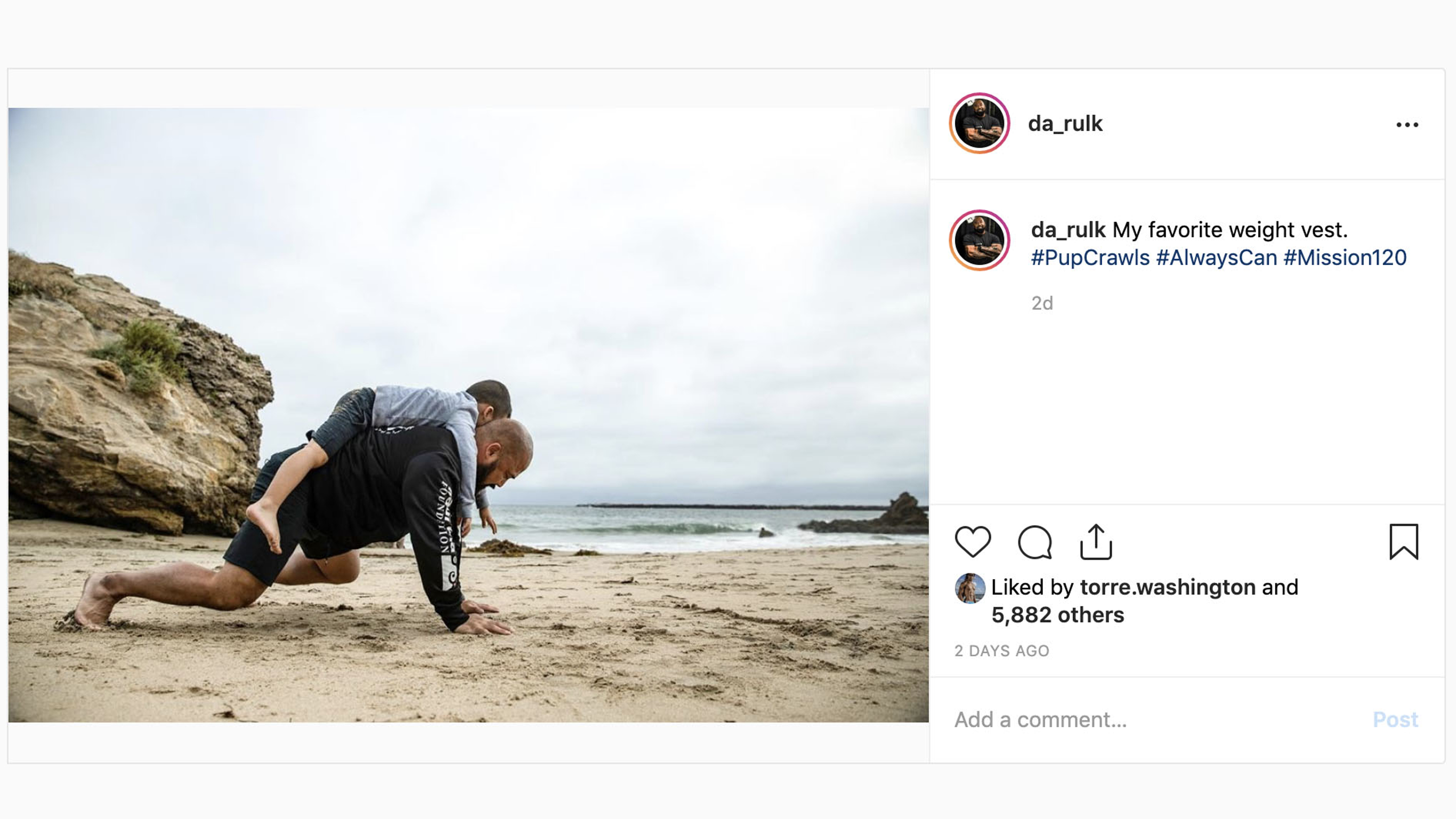 An Instagram post of Da Rulk crawling on the beach with his son on his back.