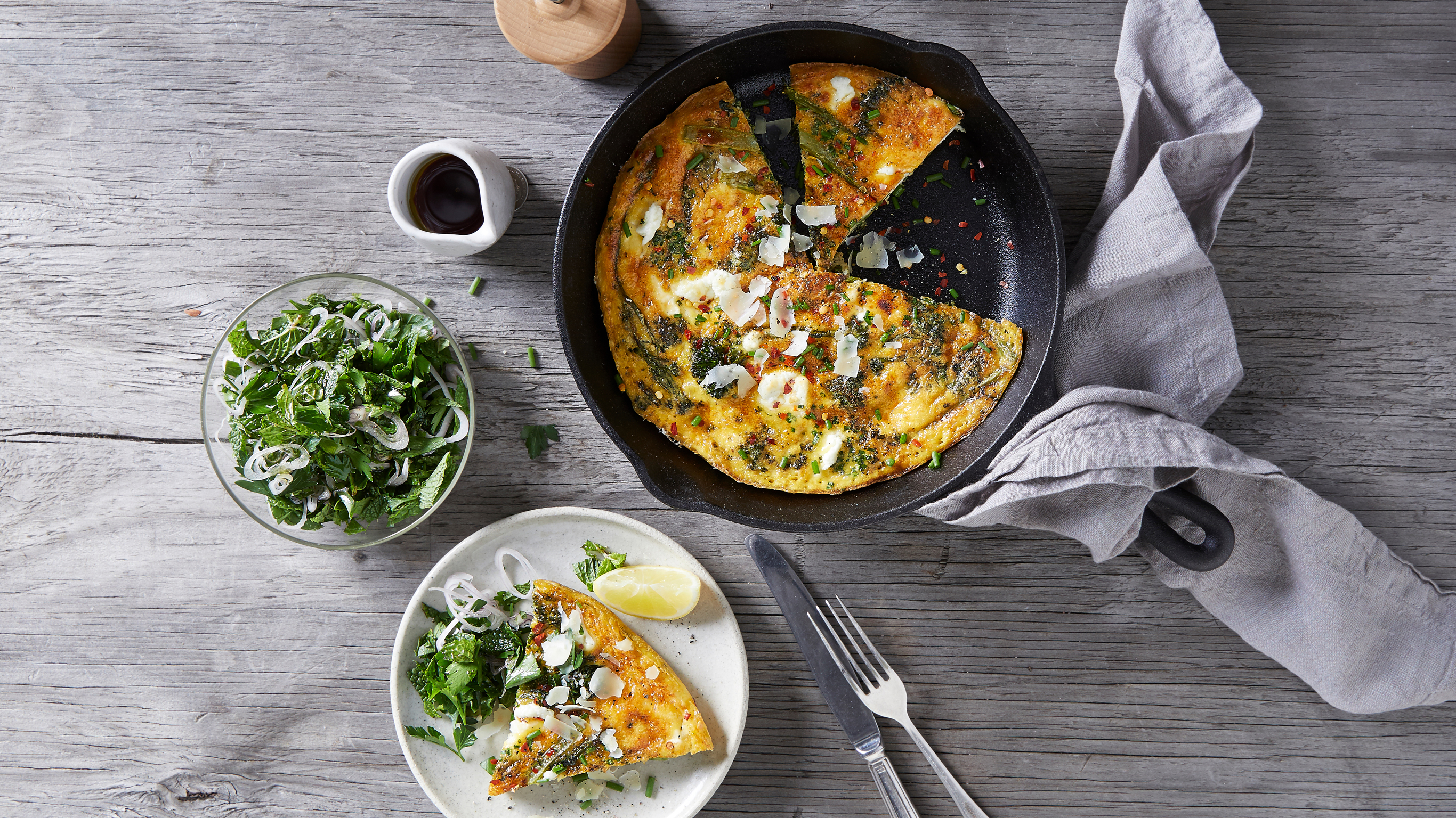 Darren Robertson's Broccolini & Goat's Cheese Frittata with Greens