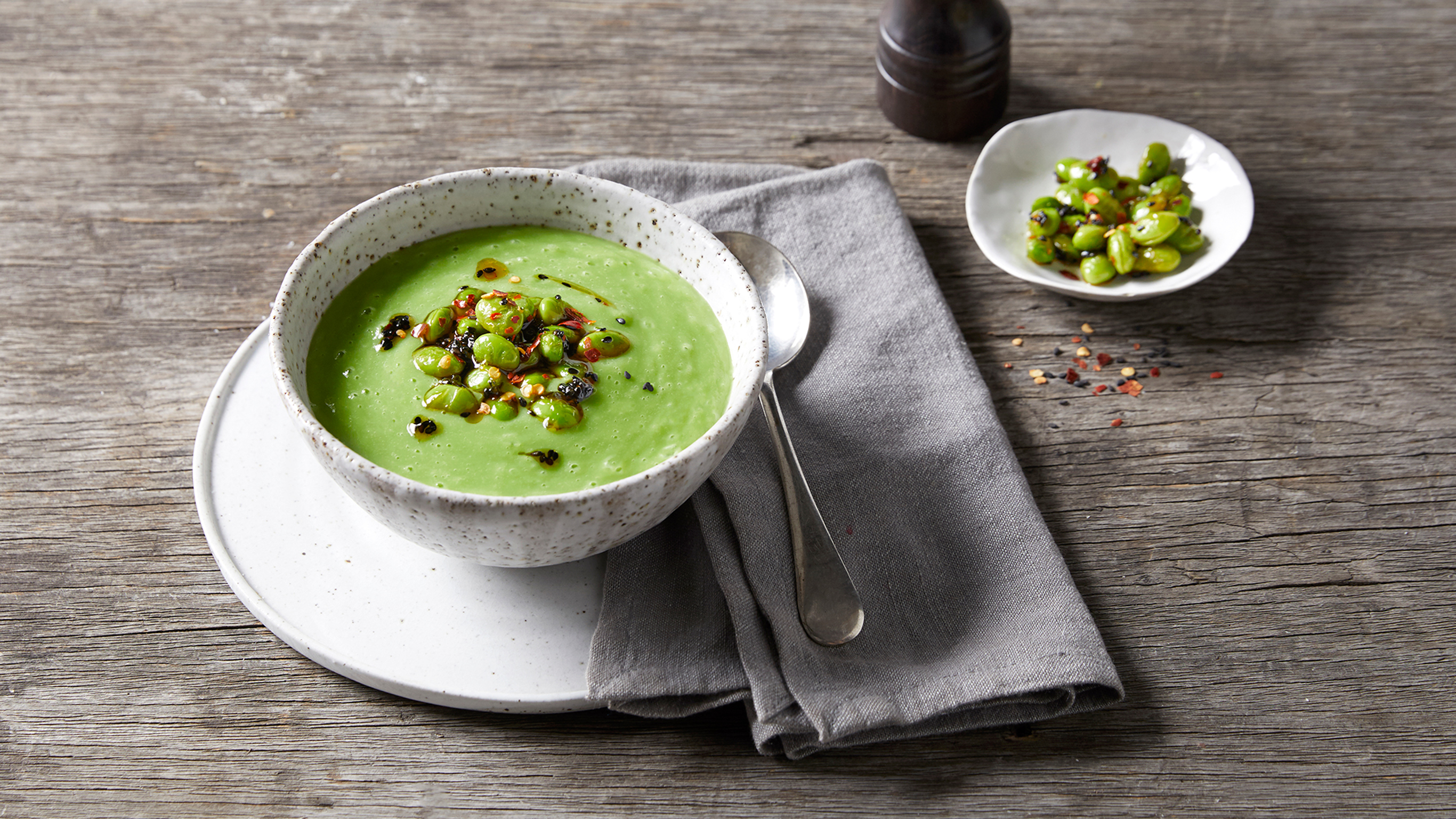 Potato, Cauliflower & Pea Soup with Edamame