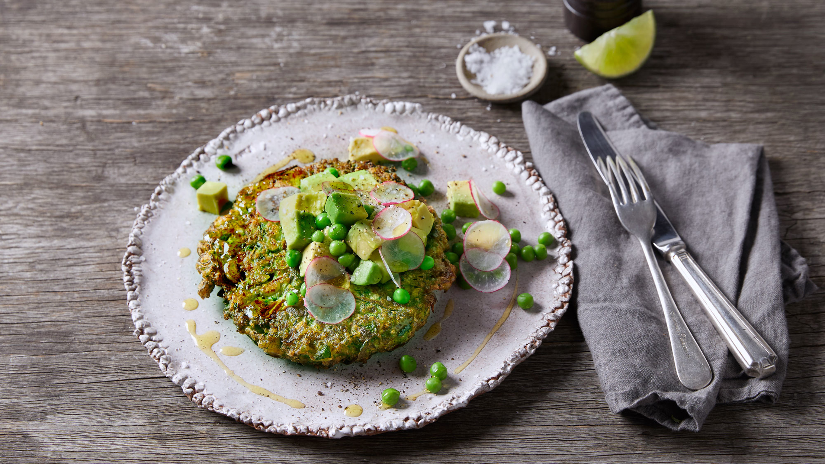 Broccoli Fritter with Pea & Avocado Salsa