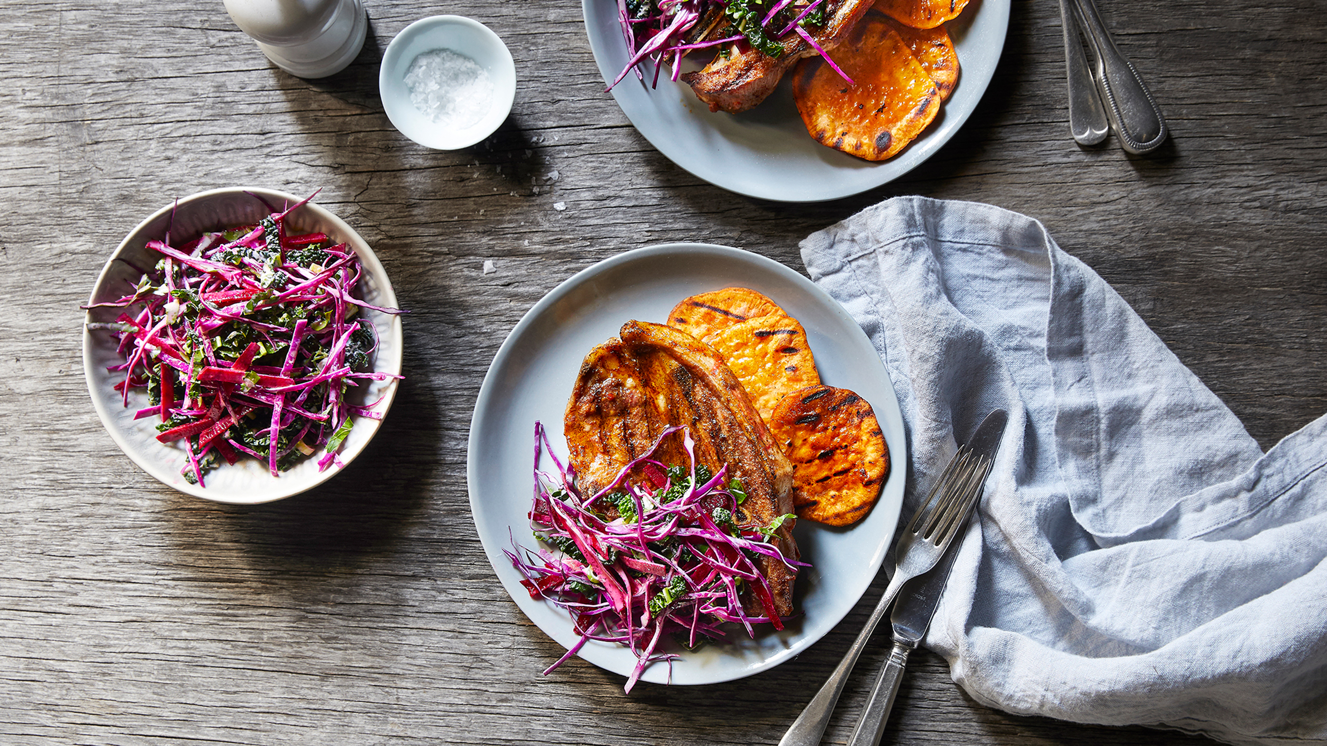 BBQ Lamb Chops & Sweet Potato with Superfood Slaw
