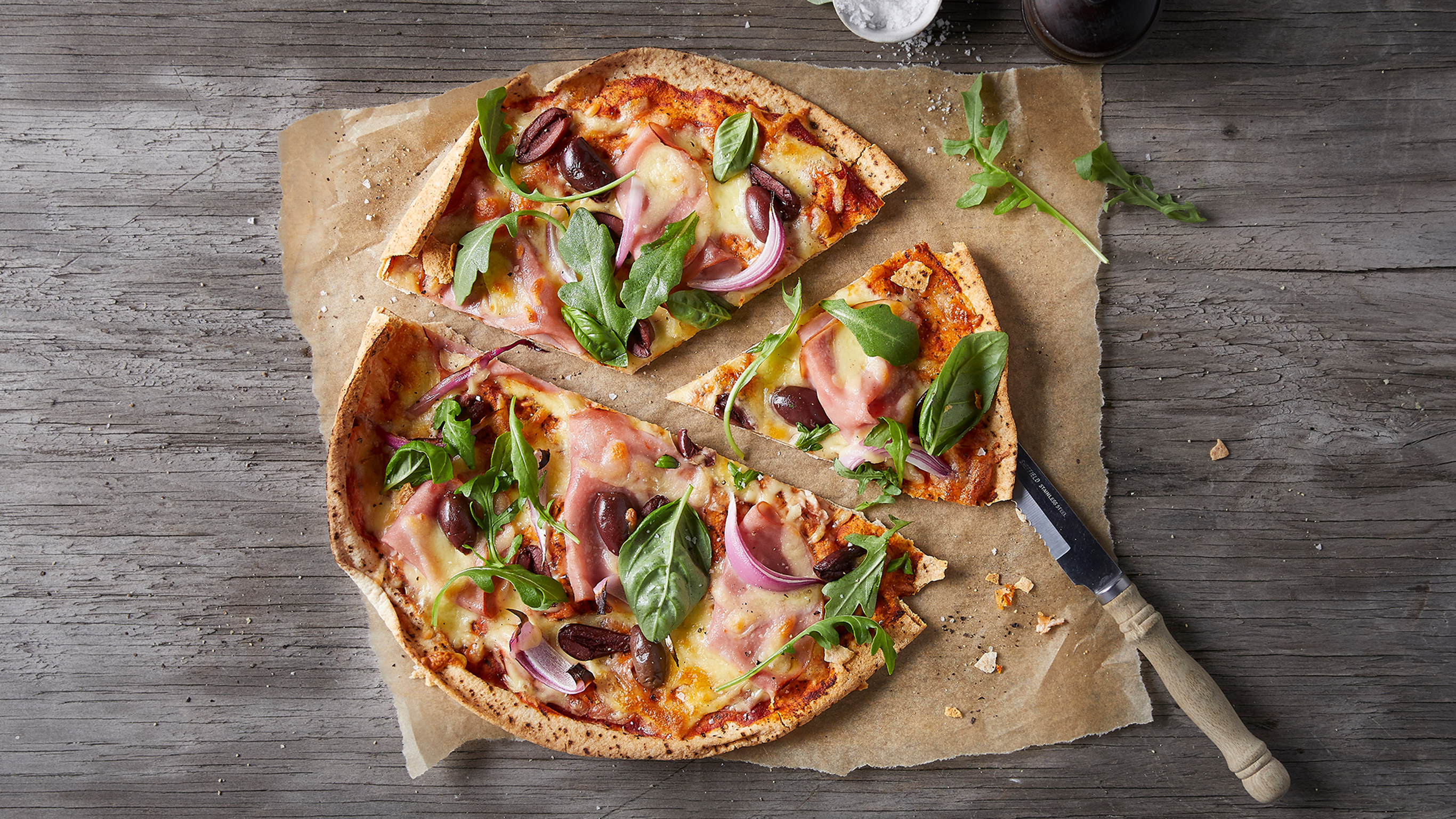 Ham, Rocket & Olive Pizza