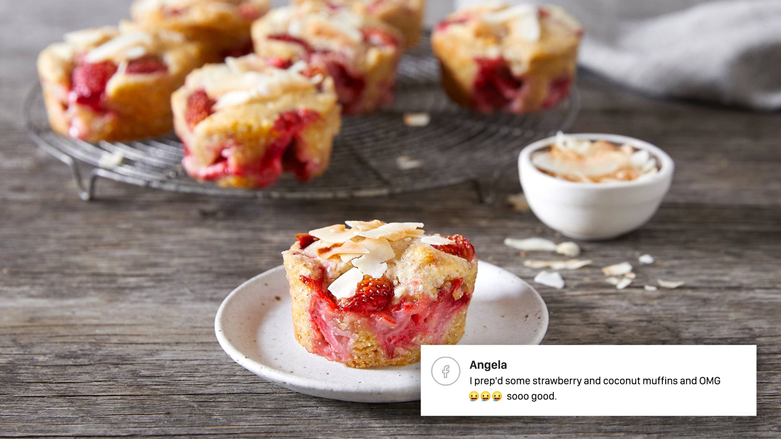 Centr's Strawberry and Coconut Muffins, which Angela uses drooling emojis to praise.