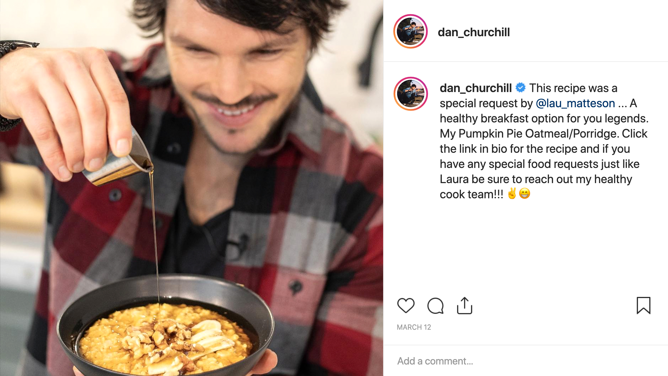 Dan Churchill drizzles maple syrup onto his Pumpkin Pie Oatmeal.